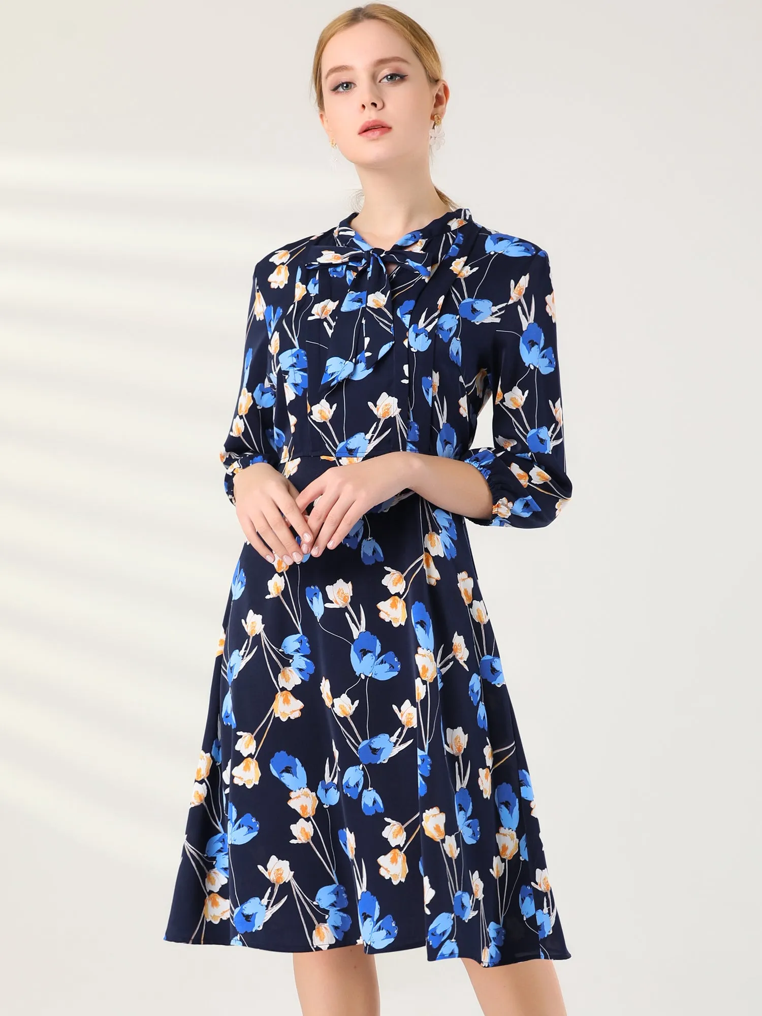 Floral Tie Neck 3/4 Sleeve Office Work Midi Flowy Flare Dress sold by Allegra K