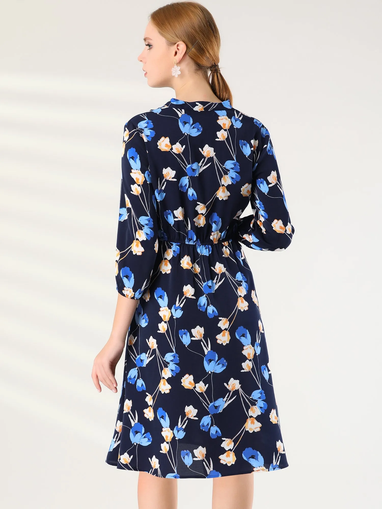 Floral Tie Neck 3/4 Sleeve Office Work Midi Flowy Flare Dress sold by Allegra K product image thumbnail 4