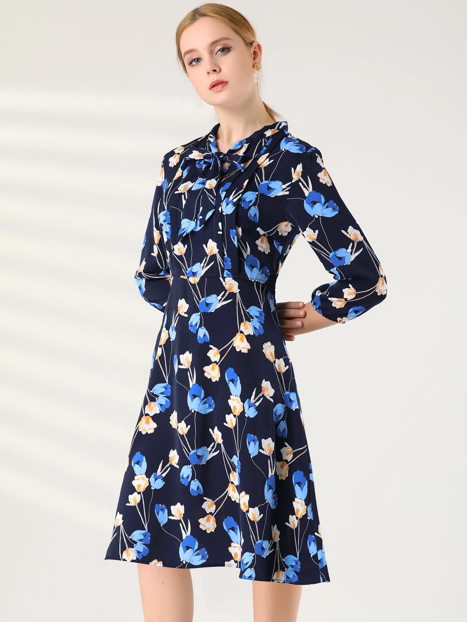 Floral Tie Neck 3/4 Sleeve Office Work Midi Flowy Flare Dress sold by Allegra K product image thumbnail 3