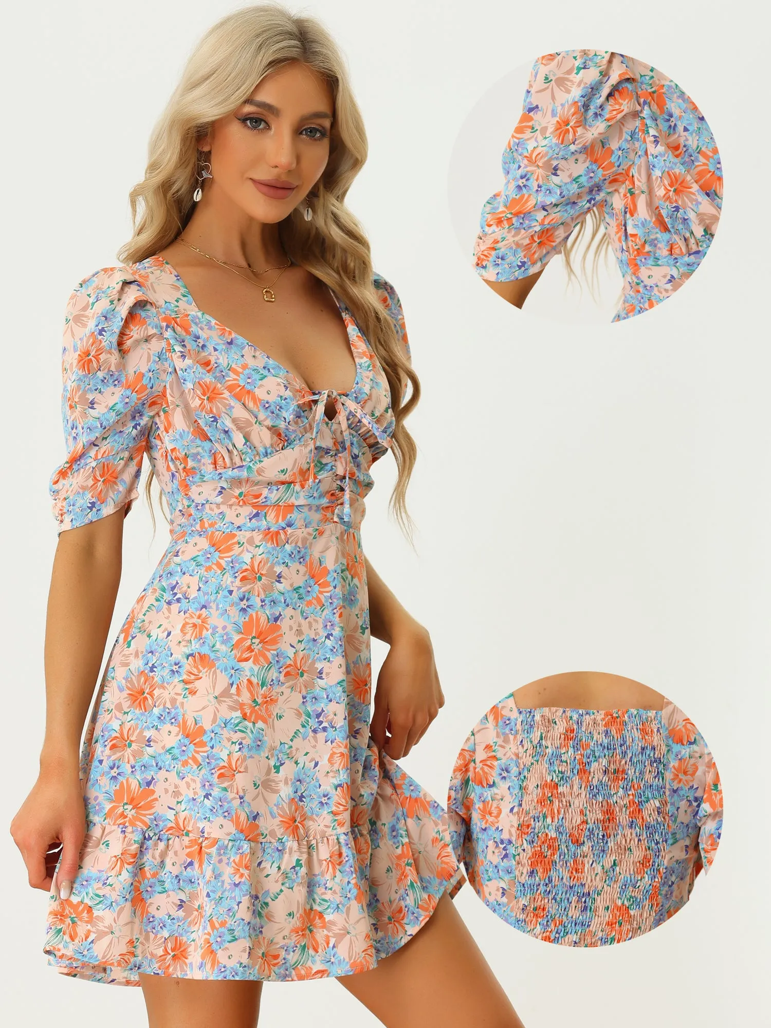 Floral Summer Short Sleeve Sweetheart V Neck Mini Dress sold by Allegra K product image thumbnail 2