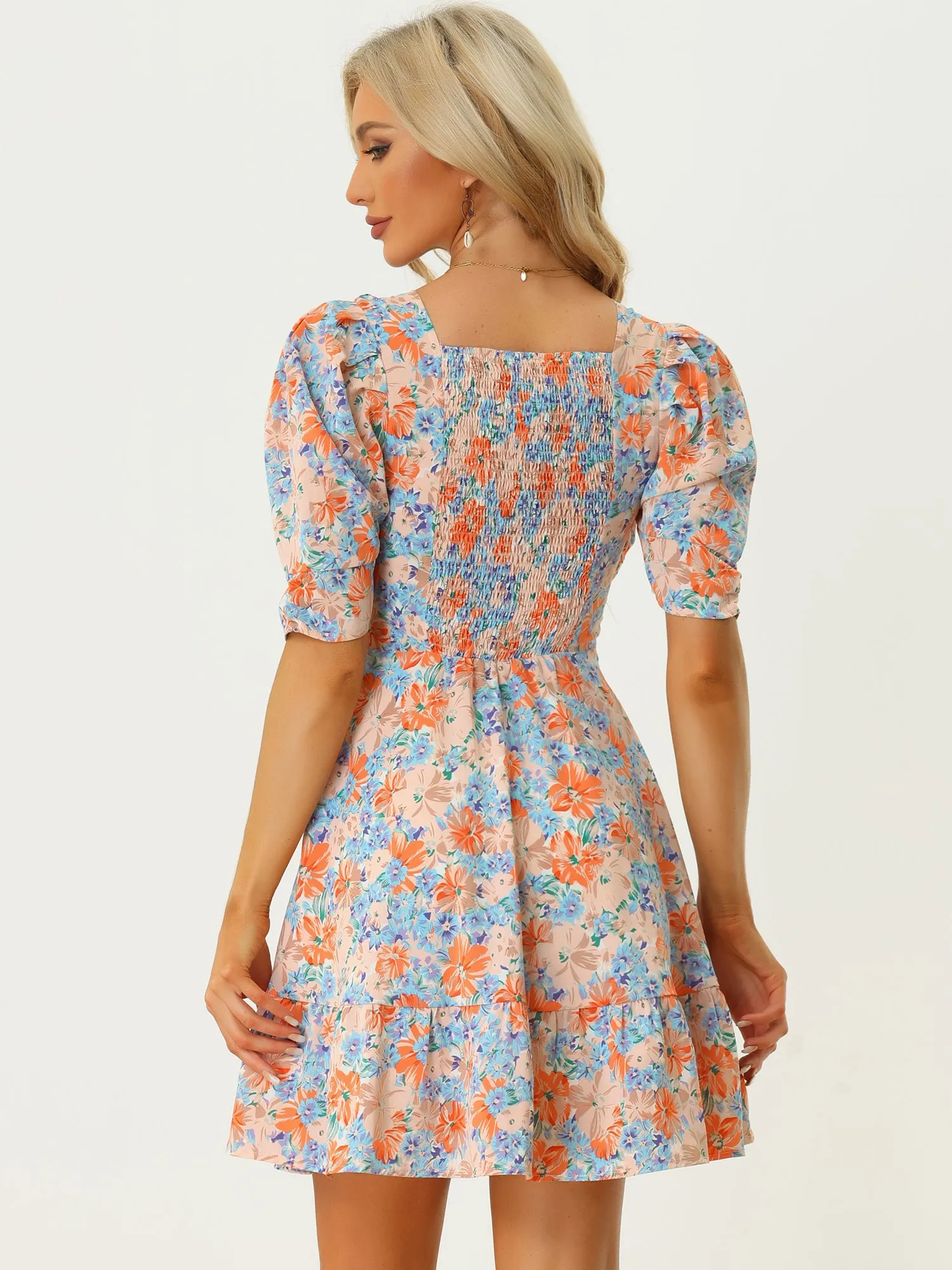 Floral Summer Short Sleeve Sweetheart V Neck Mini Dress sold by Allegra K product image thumbnail 3
