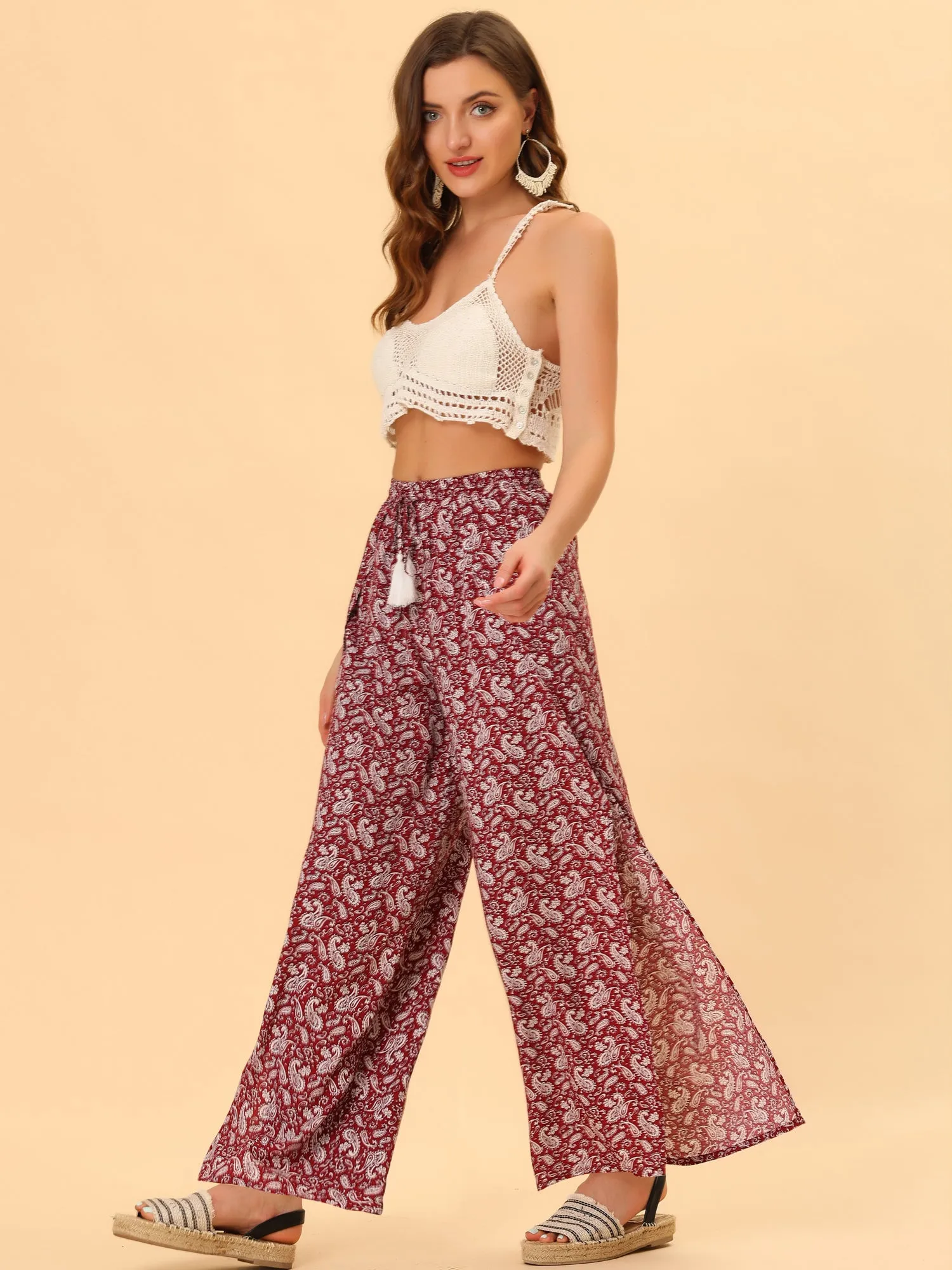 Boho High Waist Drawstring Split Flowy Wide Leg Pants sold by Allegra K product image thumbnail 2