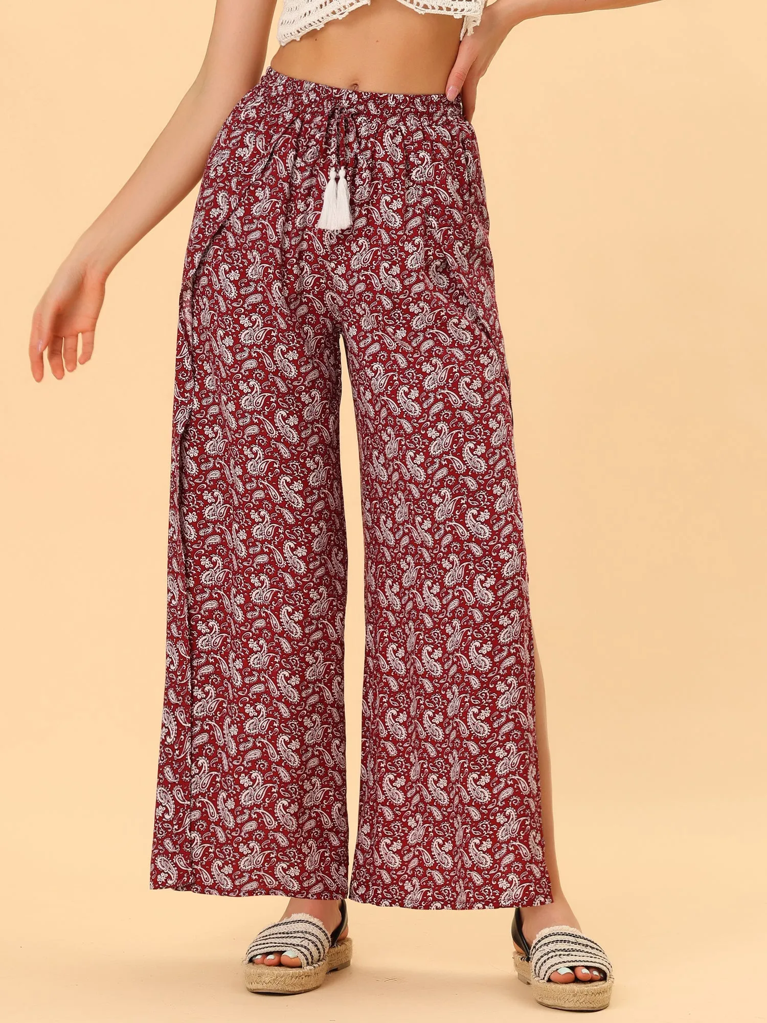 Boho High Waist Drawstring Split Flowy Wide Leg Pants sold by Allegra K product image thumbnail 3