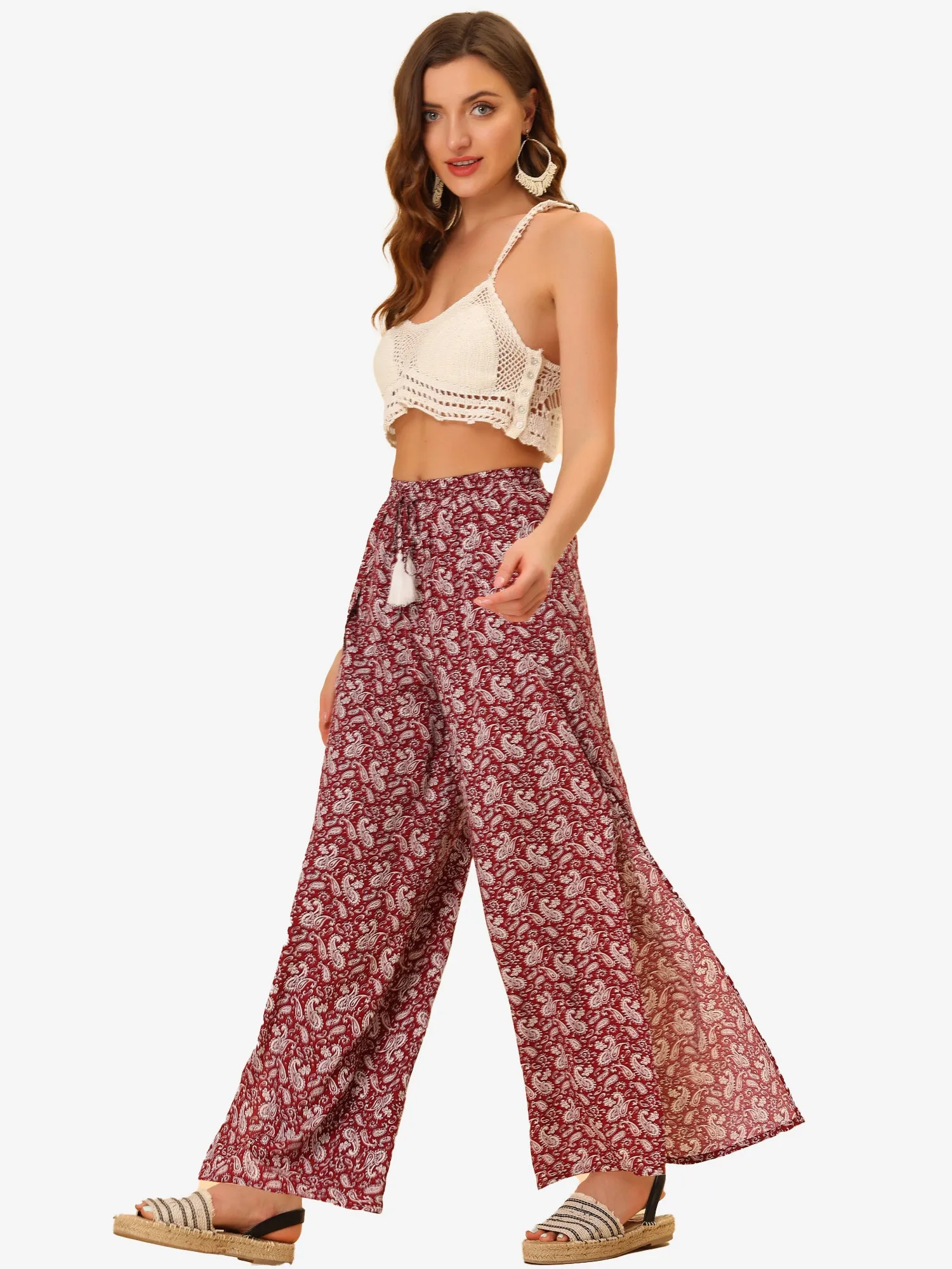 Boho High Waist Drawstring Split Flowy Wide Leg Pants sold by Allegra K