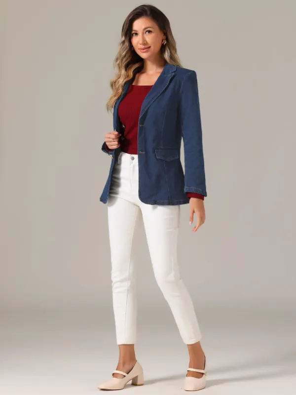 Notched Lapel Denim Single Breasted Shoulder Pad Blazer Jackets sold by Allegra K