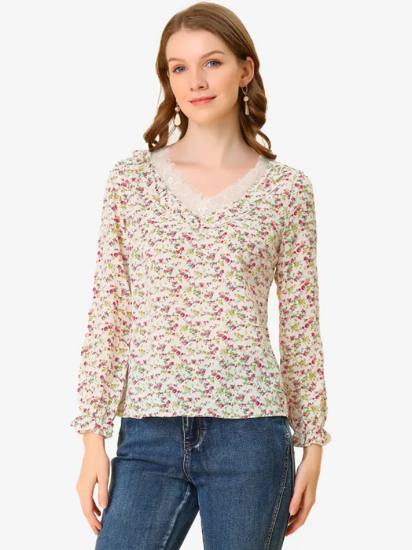 Casual Lace Trim Ruffled Neck Long Sleeve Chiffon Floral Blouse sold by Allegra K