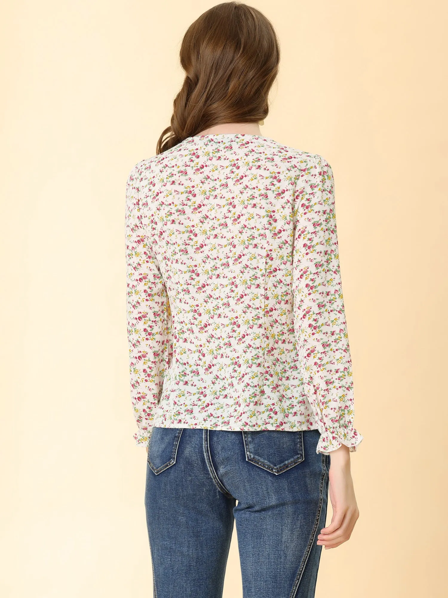 Casual Lace Trim Ruffled Neck Long Sleeve Chiffon Floral Blouse sold by Allegra K product image thumbnail 3