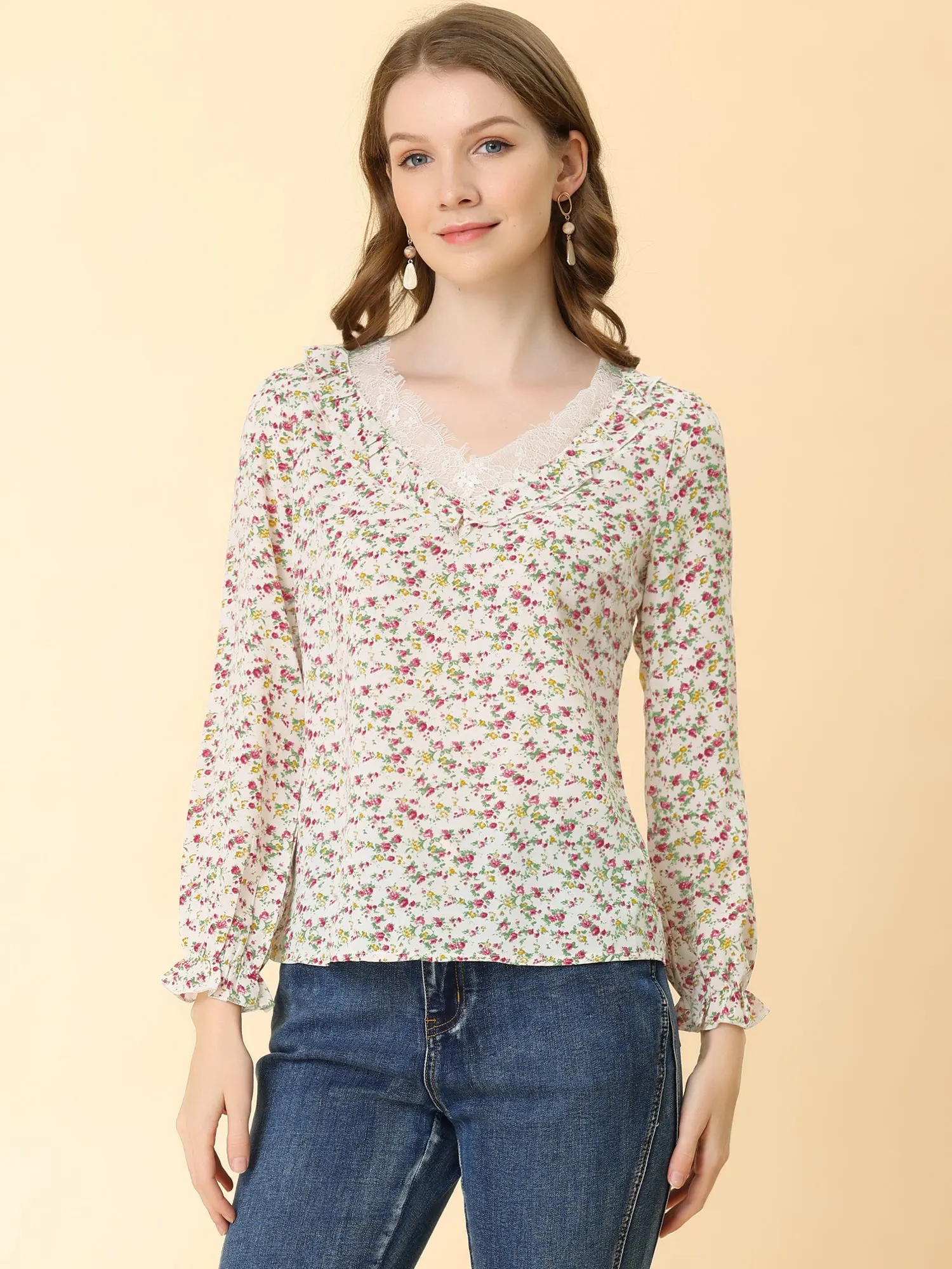 Casual Lace Trim Ruffled Neck Long Sleeve Chiffon Floral Blouse sold by Allegra K product image thumbnail 5