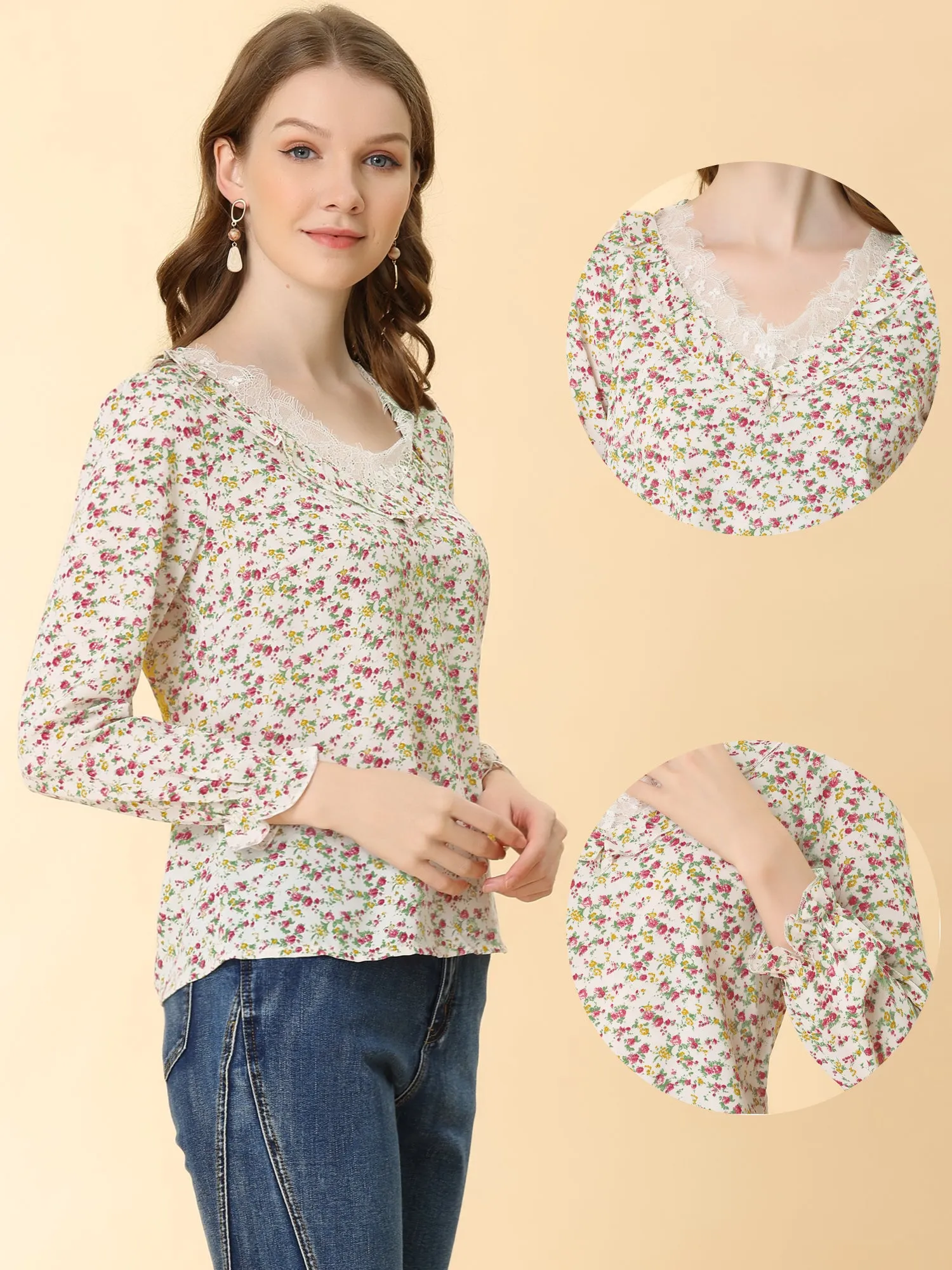 Casual Lace Trim Ruffled Neck Long Sleeve Chiffon Floral Blouse sold by Allegra K product image thumbnail 2