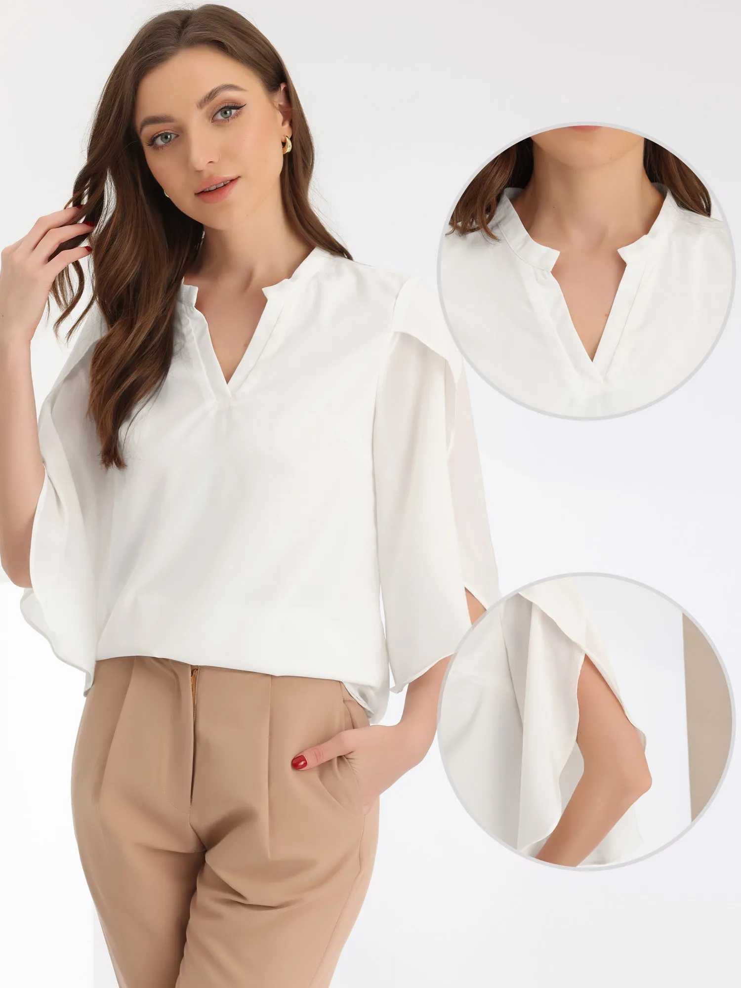 Chiffon Blouse V Neck Split Sleeve Business Casual Shirts sold by Allegra K product image thumbnail 2