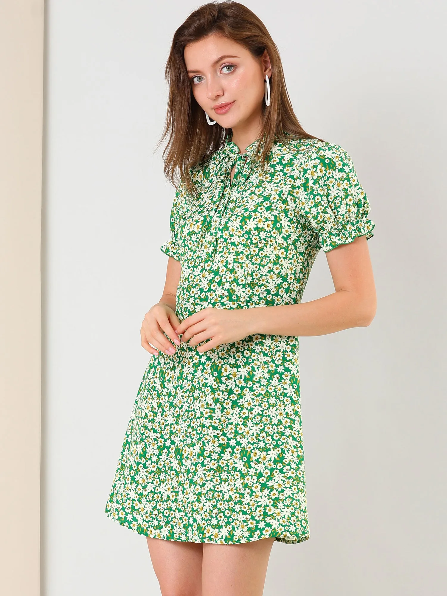 Ditsy Floral Ruffled Vintage Puff Sleeve Flare Mini Dress sold by Allegra K