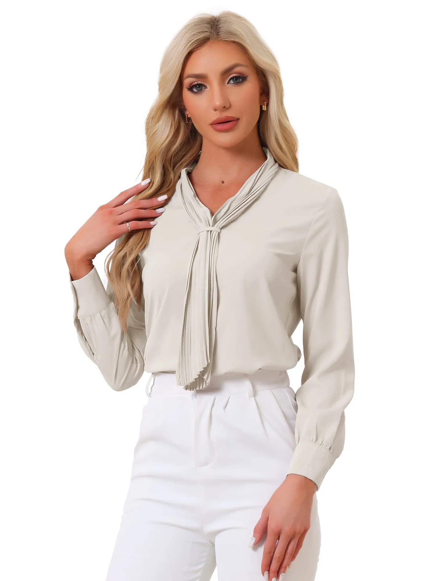 Long Sleeve Pleated Tie Neck Office Chiffon Blouse sold by Allegra K product image thumbnail 4