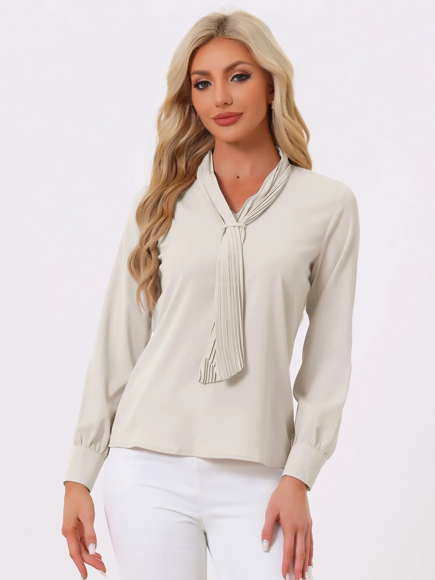 Long Sleeve Pleated Tie Neck Office Chiffon Blouse sold by Allegra K