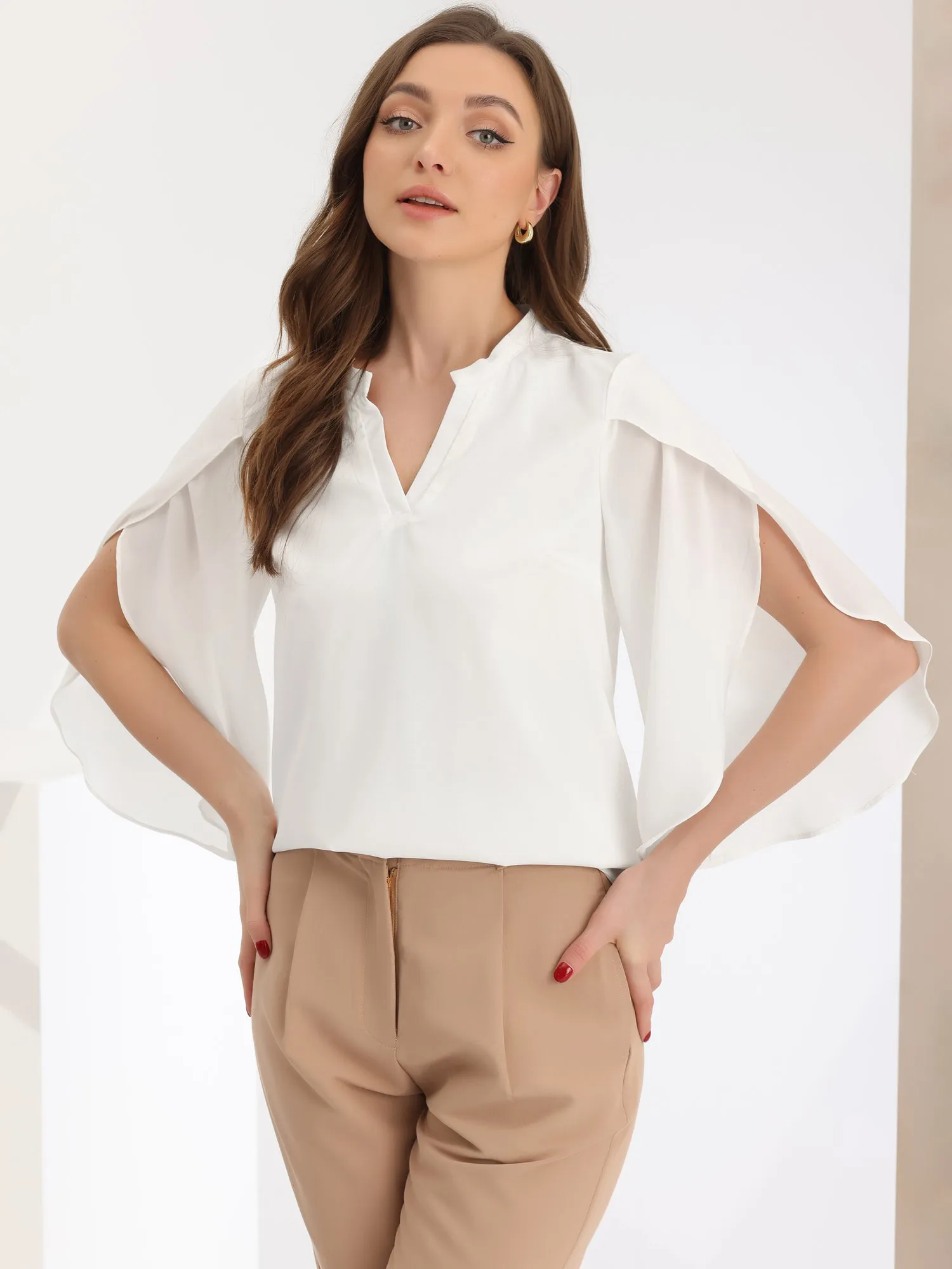 Chiffon Blouse V Neck Split Sleeve Business Casual Shirts sold by Allegra K product image thumbnail 4