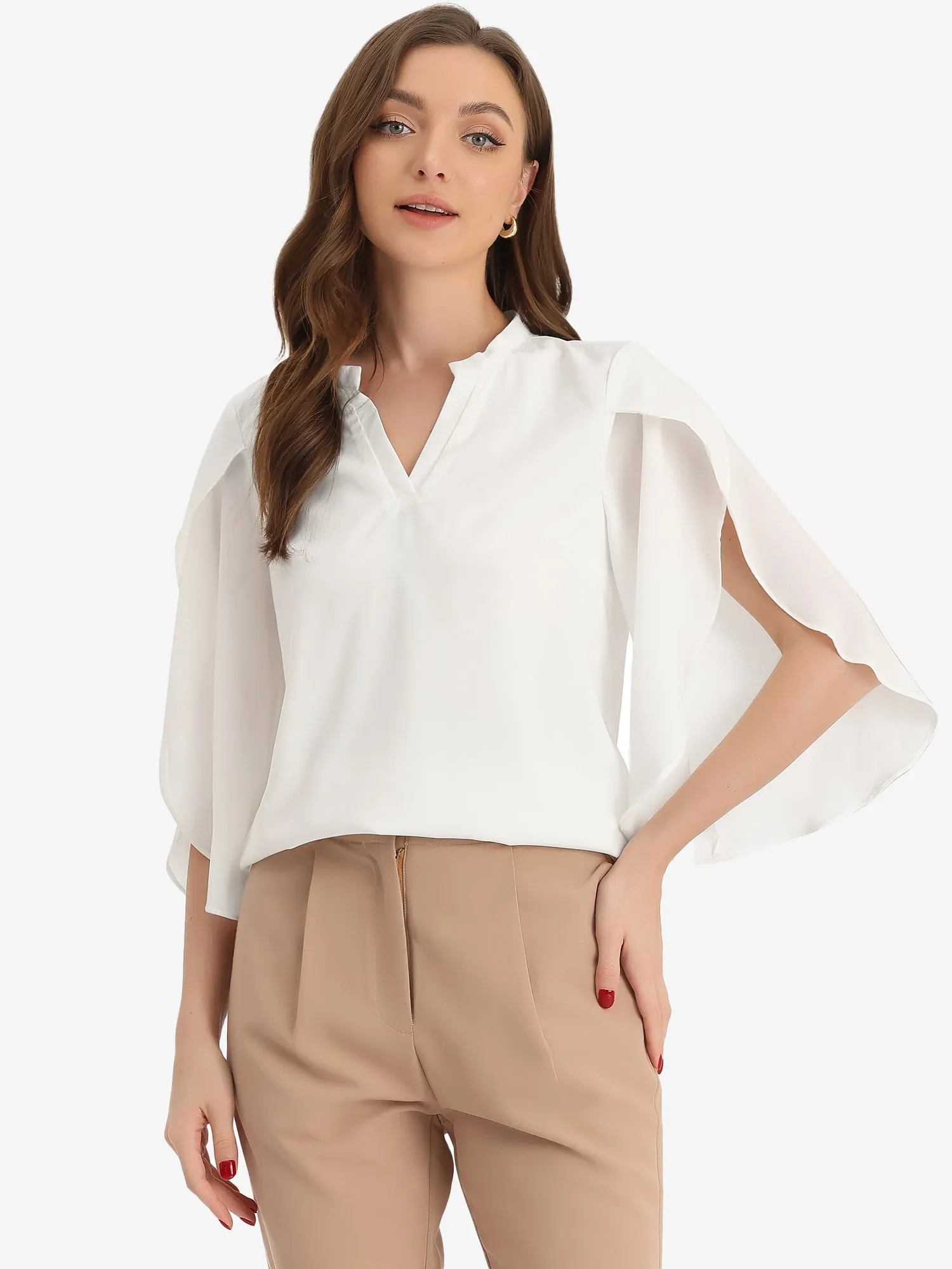 Chiffon Blouse V Neck Split Sleeve Business Casual Shirts sold by Allegra K
