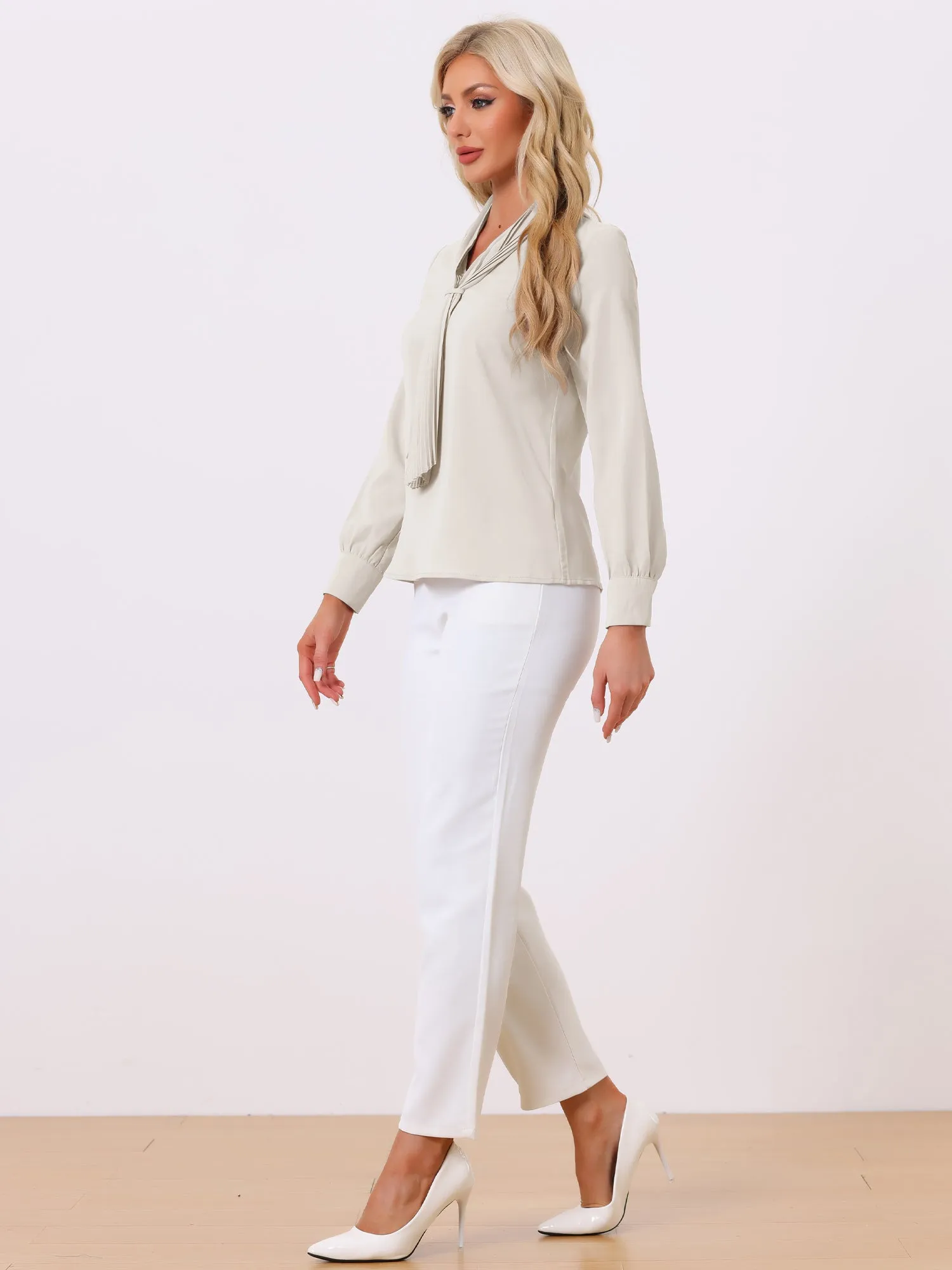 Long Sleeve Pleated Tie Neck Office Chiffon Blouse sold by Allegra K product image thumbnail 2