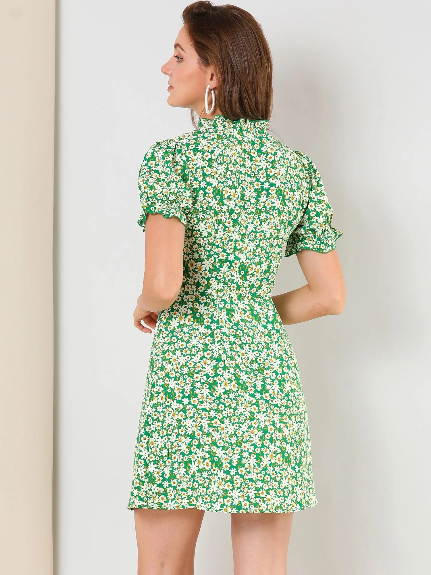 Ditsy Floral Ruffled Vintage Puff Sleeve Flare Mini Dress sold by Allegra K product image thumbnail 4