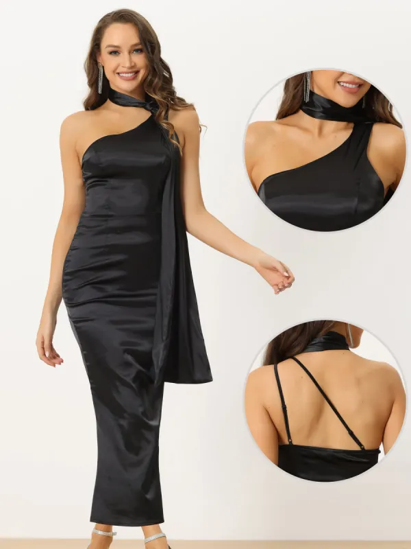 Satin One Shoulder Backless Bridesmaid Cocktail Party Maxi Dress sold by Allegra K