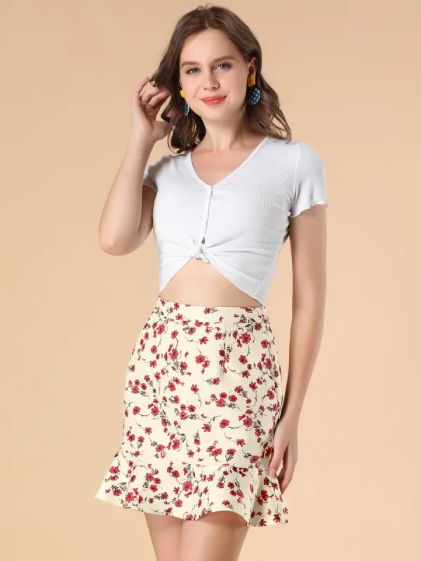 Floral Elastic Waistband Ruffled Hem Mini Skirt sold by Allegra K