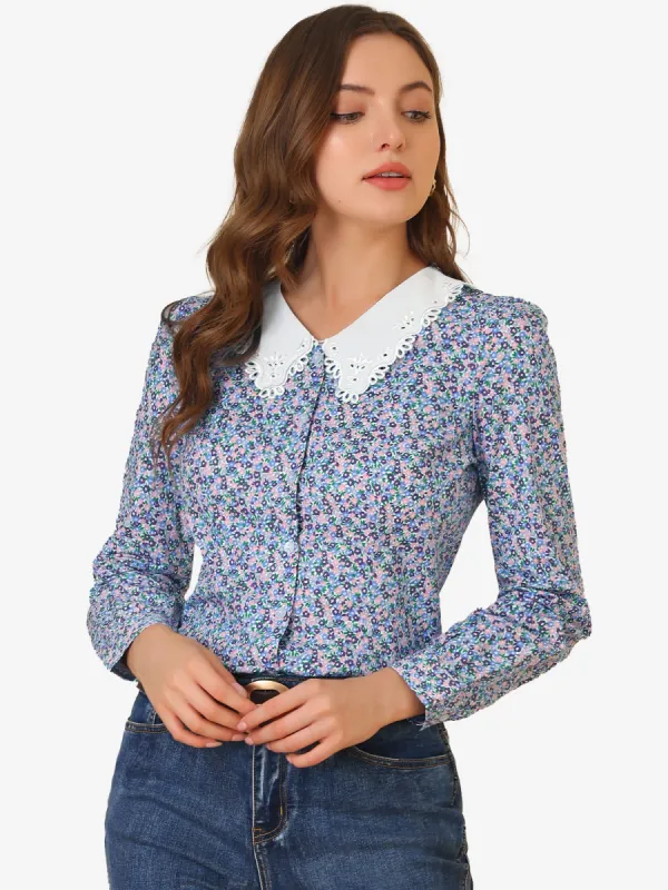 Casual Floral Lace Trim Collared Button Down Long Sleeve Blouse sold by Allegra K