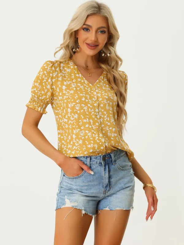 Floral Print Ruffle Short Sleeve Summer V Neck Shirts Blouse sold by Allegra K