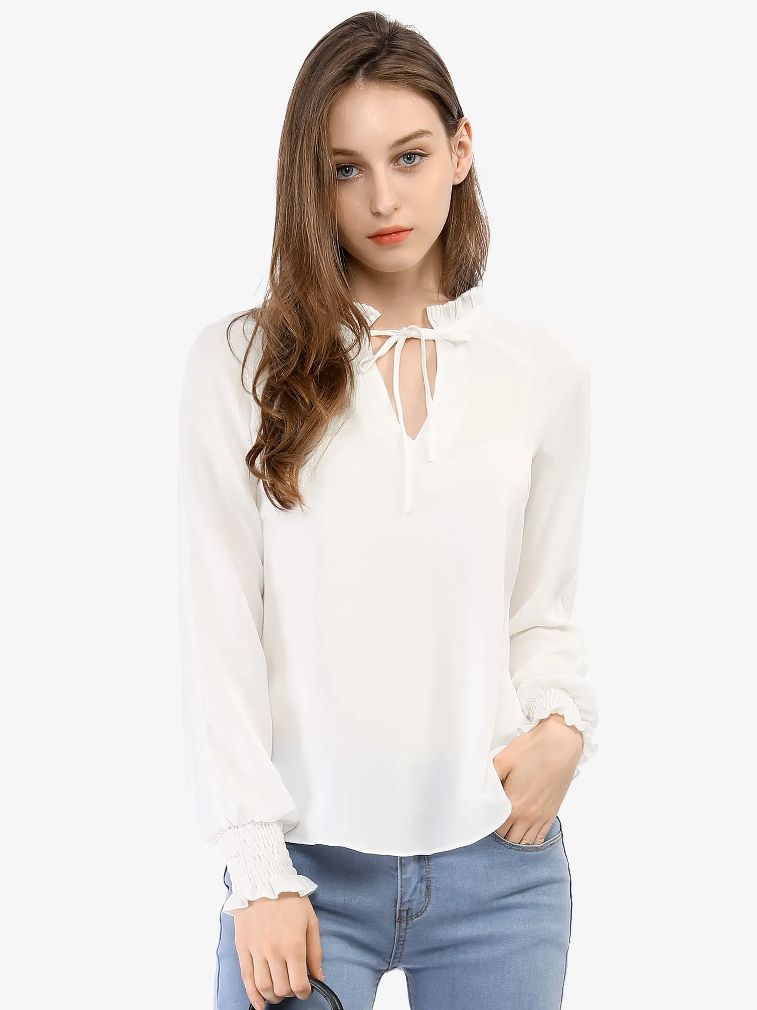 Winter Fall Casual Bow Tie Long Sleeve Shirt Chiffon Blouse sold by Allegra K