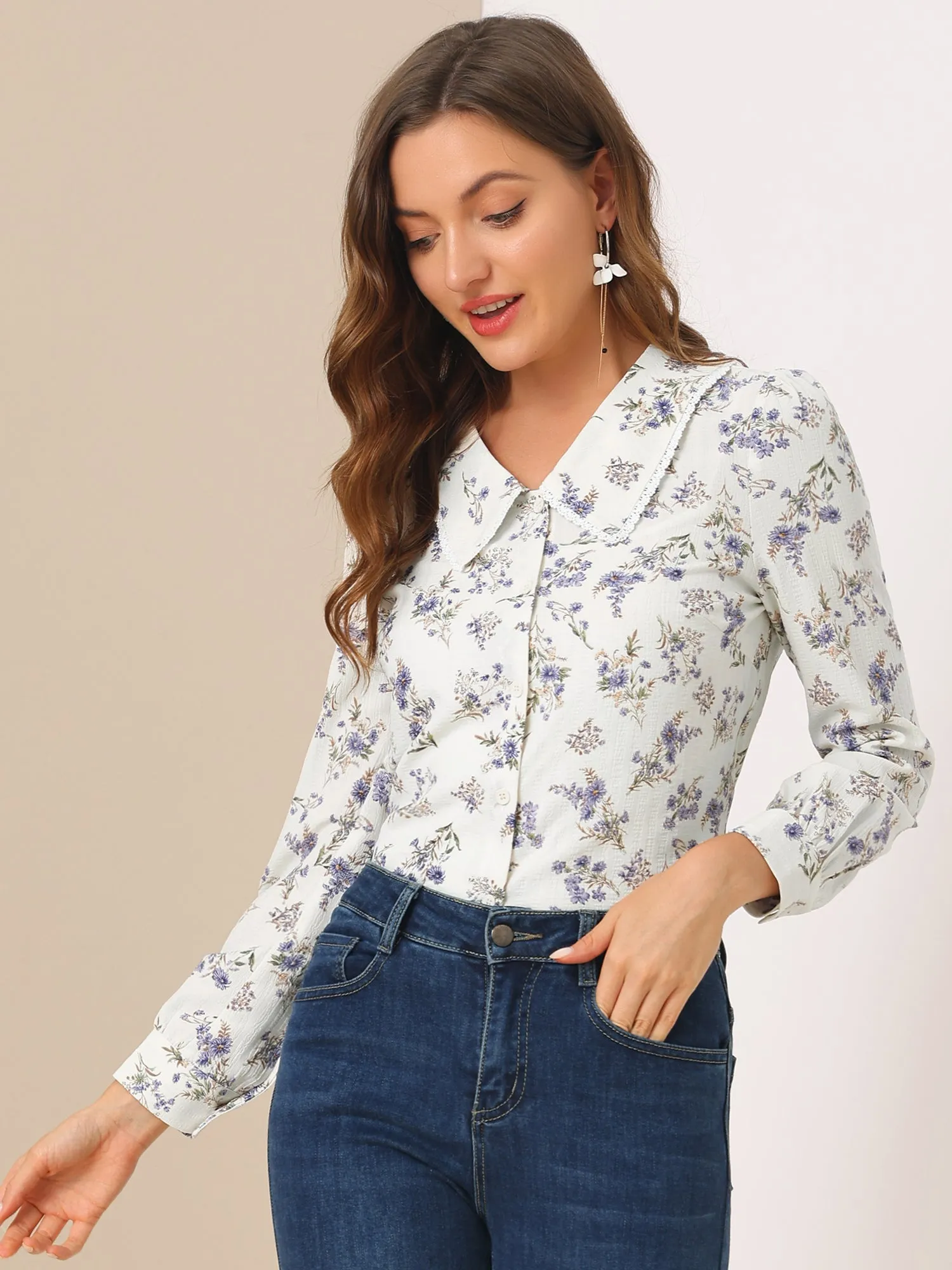 Floral Top Button Down Peter Pan Collar Blouse sold by Allegra K product image thumbnail 2