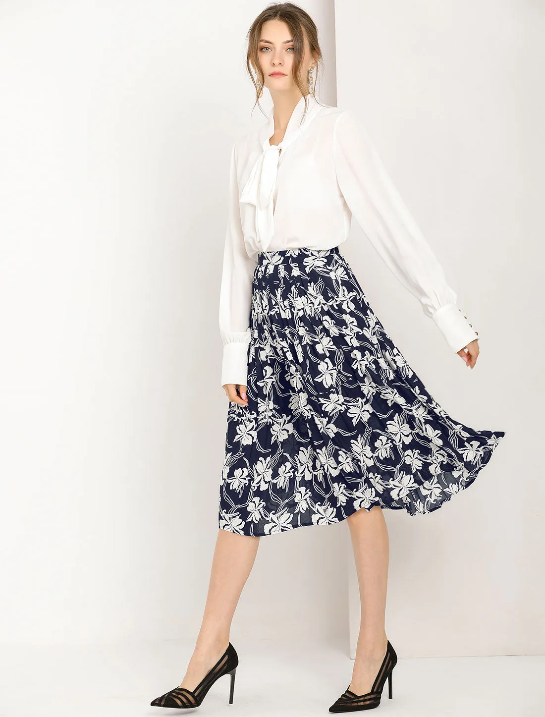Office Work Floral Print Elastic Waist Pleated Flare Midi Skirt sold by Allegra K product image thumbnail 2