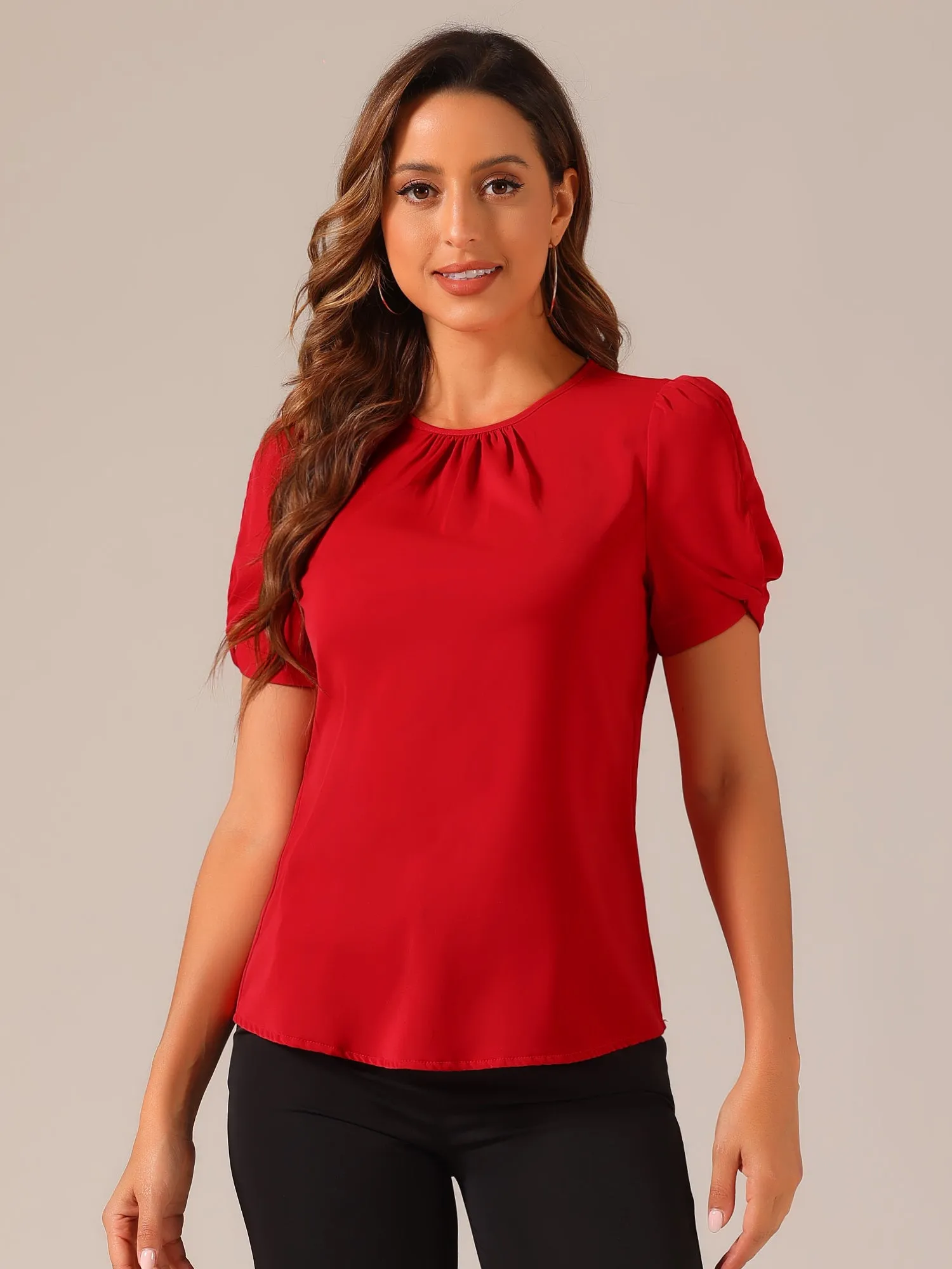 Ruched Sleeve Pleated Front Round Neck Blouse sold by Allegra K