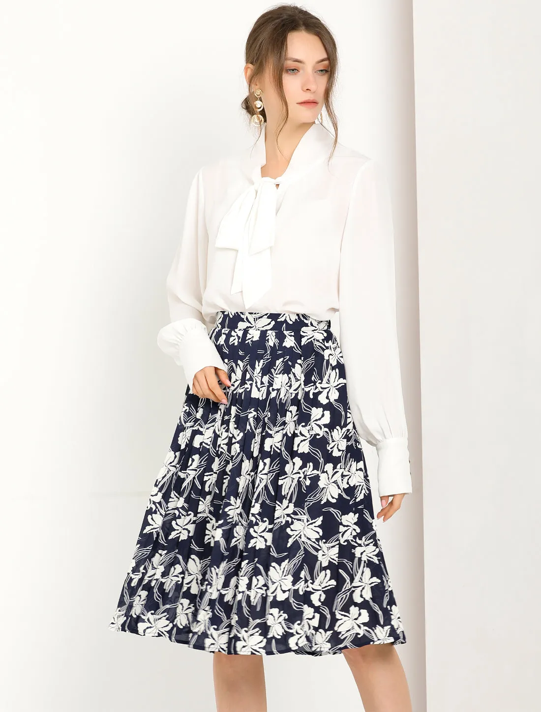 Office Work Floral Print Elastic Waist Pleated Flare Midi Skirt sold by Allegra K