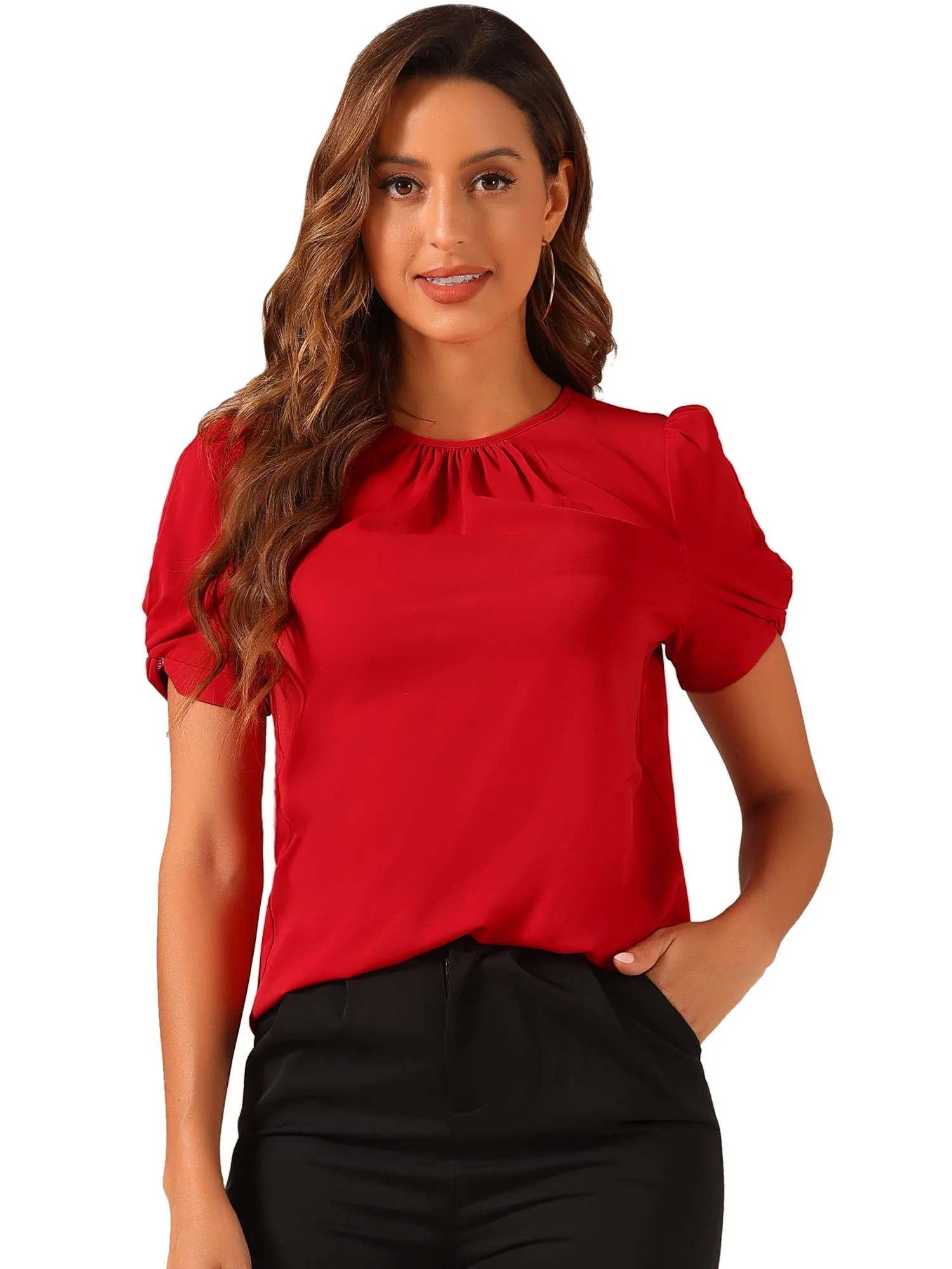 Ruched Sleeve Pleated Front Round Neck Blouse sold by Allegra K product image thumbnail 4