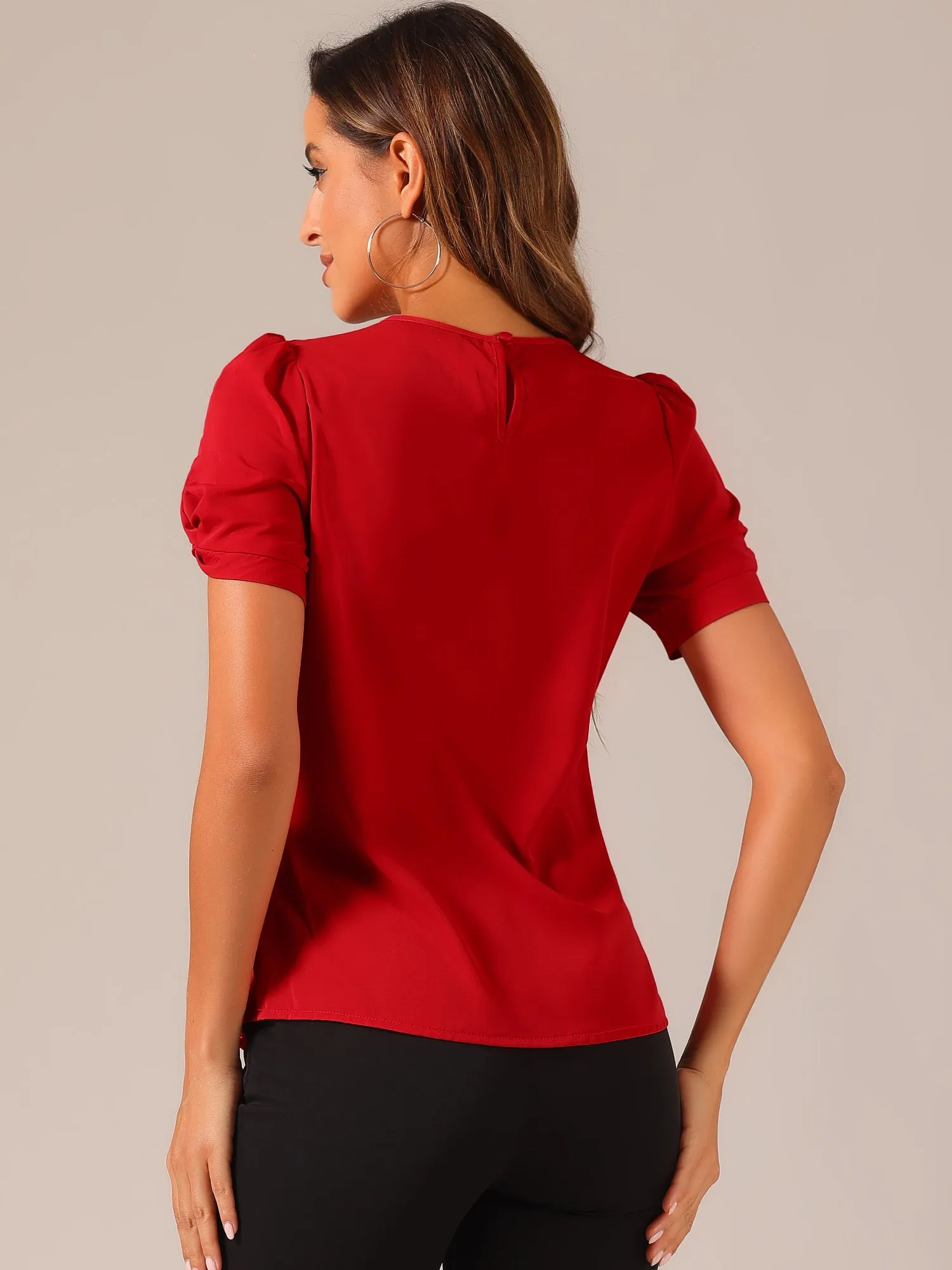 Ruched Sleeve Pleated Front Round Neck Blouse sold by Allegra K product image thumbnail 3
