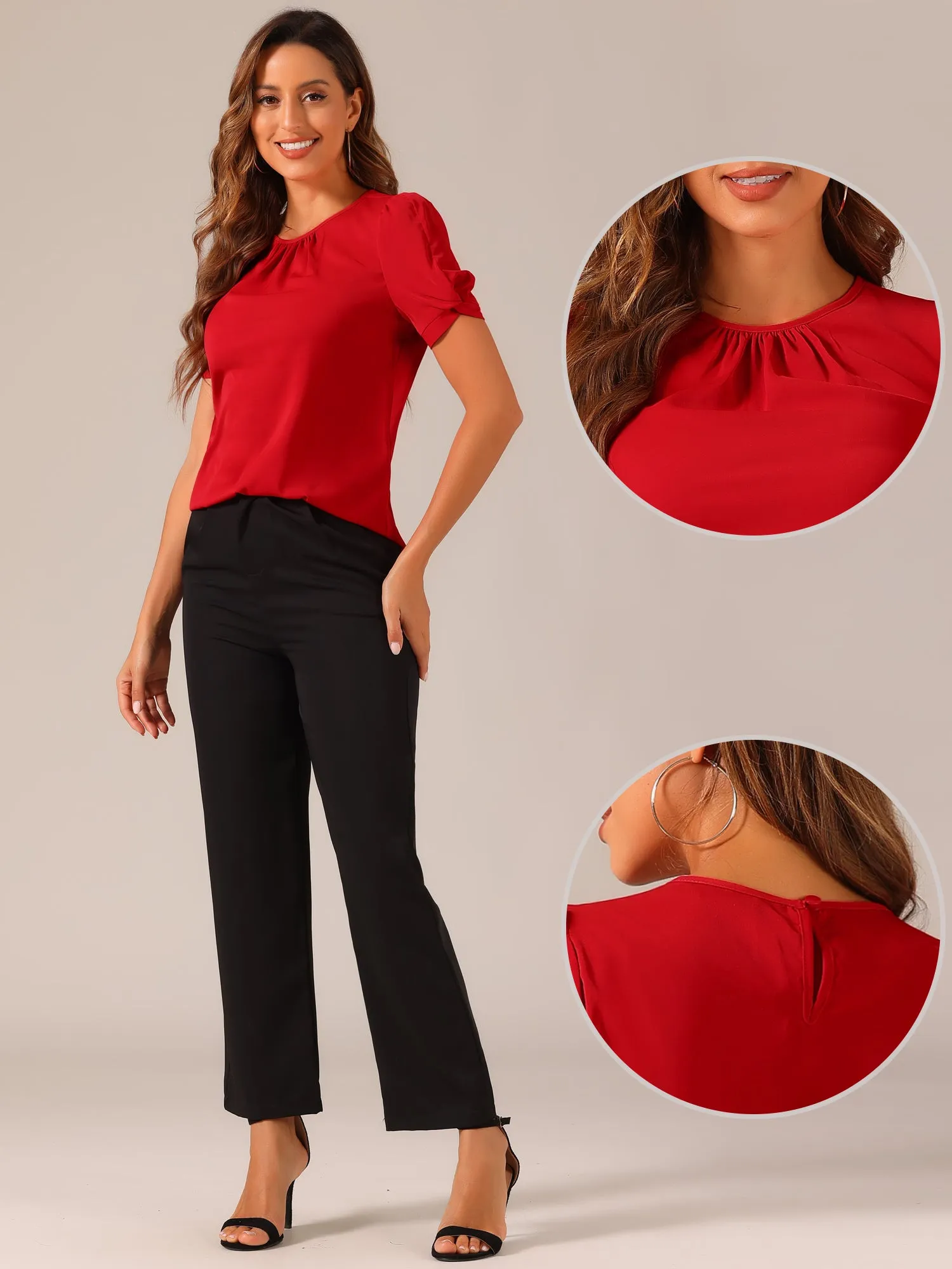 Ruched Sleeve Pleated Front Round Neck Blouse sold by Allegra K product image thumbnail 2