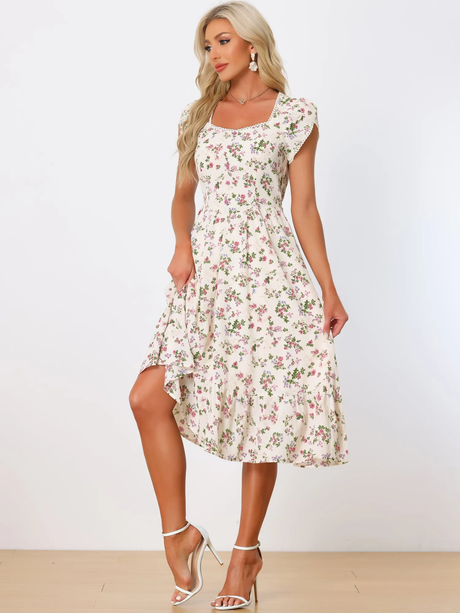 Summer Petal Sleeve Boho Floral Print Midi Dress sold by Allegra K