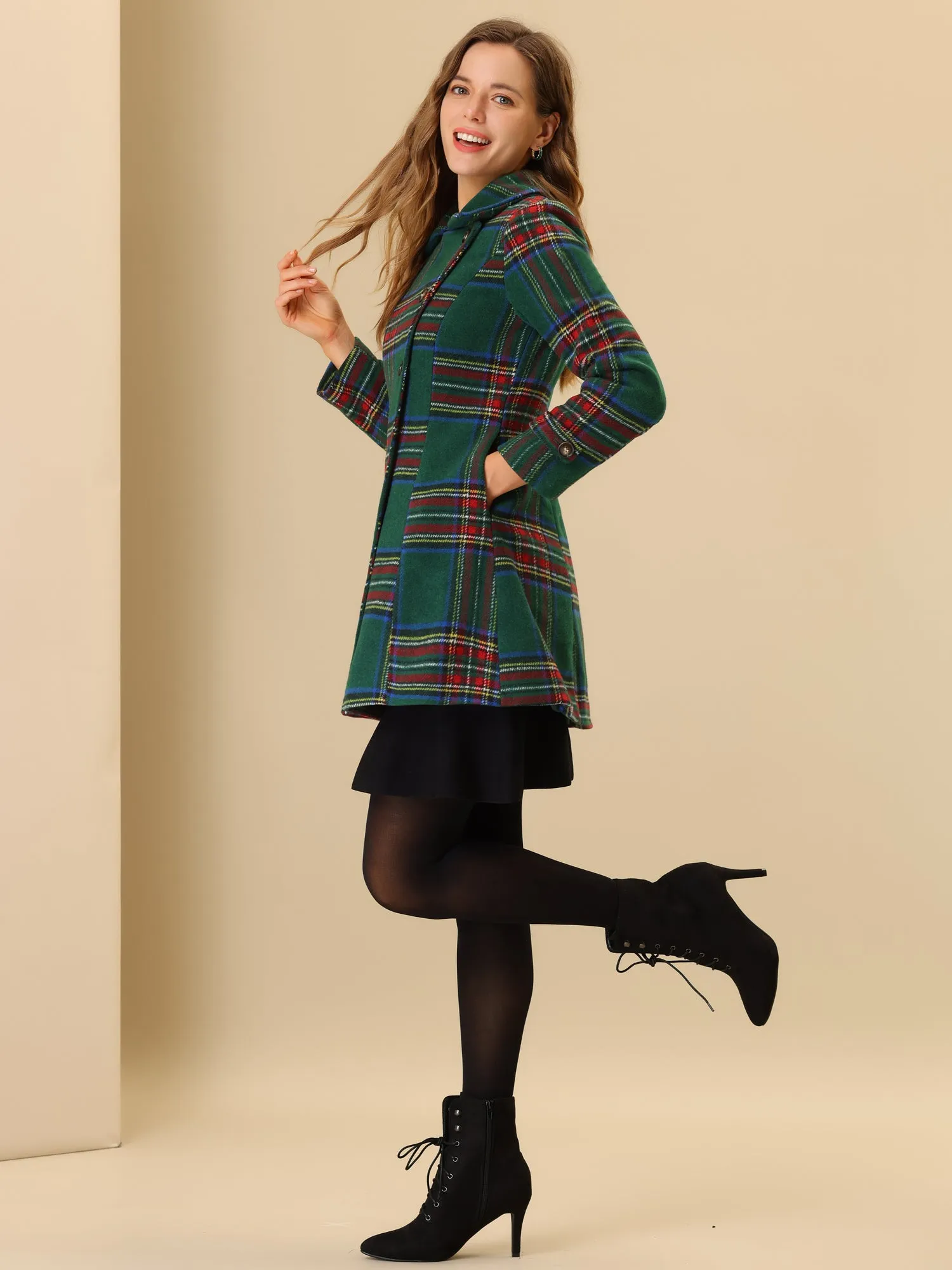 Plaid Overcoat Notched Lapel Vintage Winter Pockets Coat sold by Allegra K product image thumbnail 3
