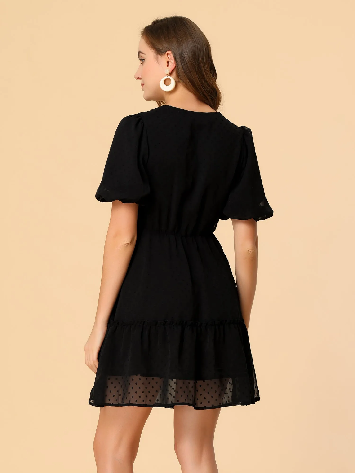 V Neck Puff Sleeve Swiss Dots Ruffle Hem Mini Casual Dress sold by Allegra K product image thumbnail 4