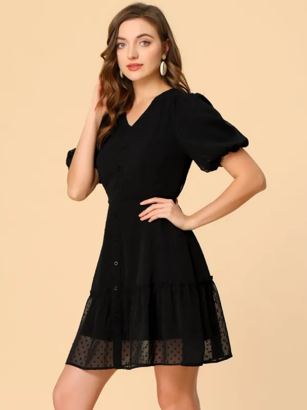 V Neck Puff Sleeve Swiss Dots Ruffle Hem Mini Casual Dress made by Allegra K