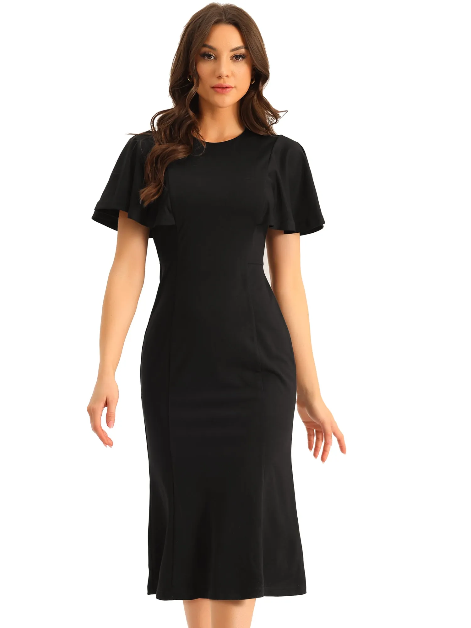 Ruffle Sleeve Round Neck Casual Cocktail Party Work Midi Sheath Dress sold by Allegra K product image thumbnail 5