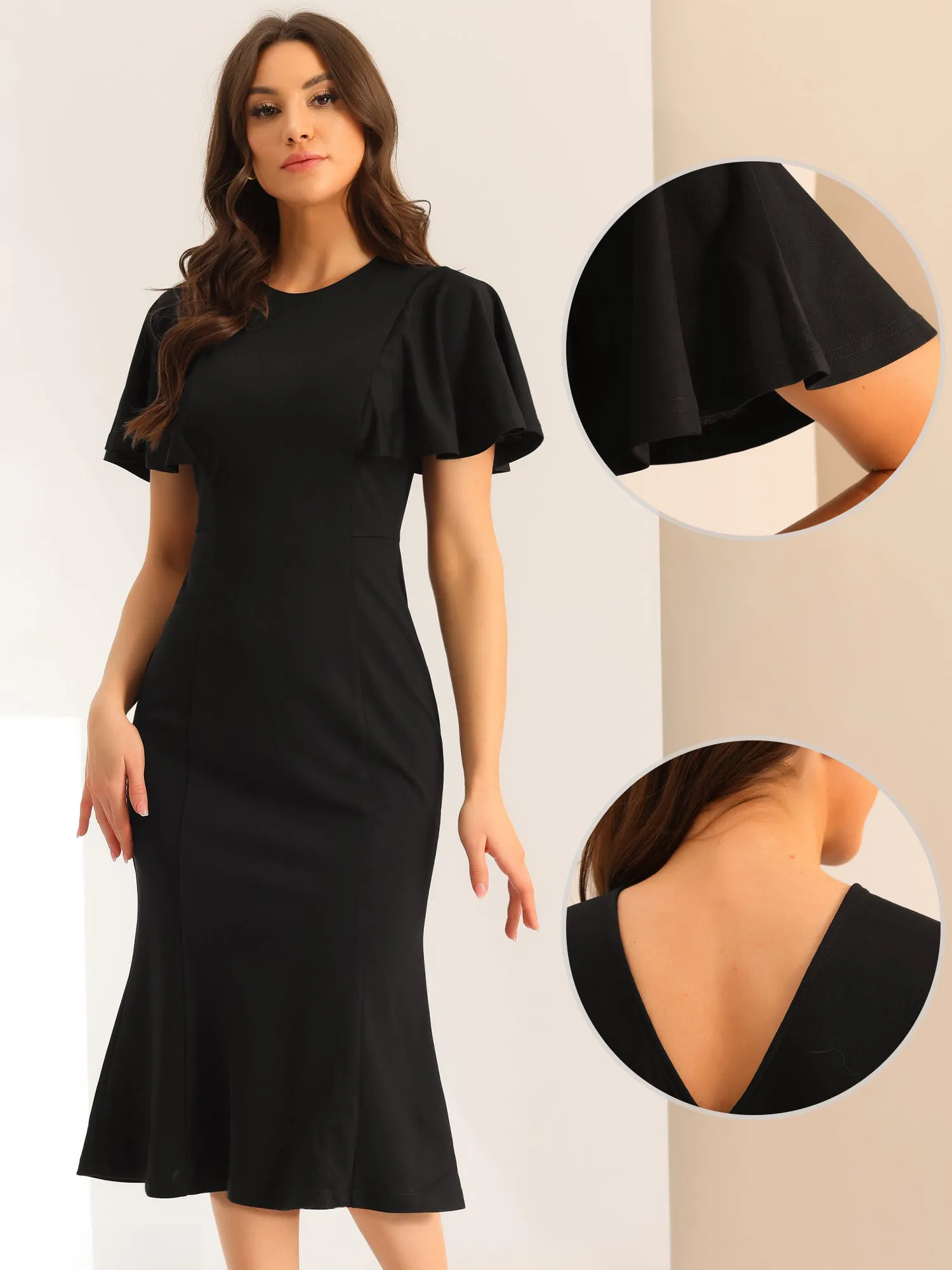 Ruffle Sleeve Round Neck Casual Cocktail Party Work Midi Sheath Dress sold by Allegra K product image thumbnail 2