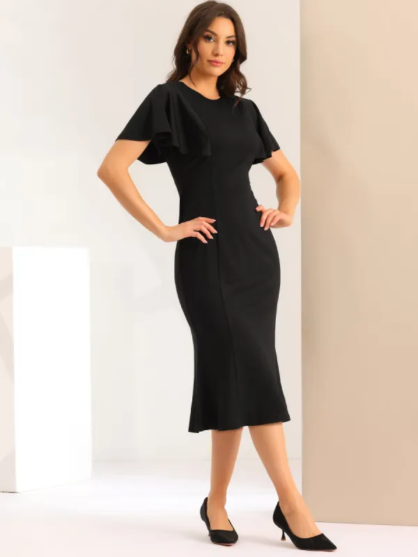 Ruffle Sleeve Round Neck Casual Cocktail Party Work Midi Sheath Dress sold by Allegra K