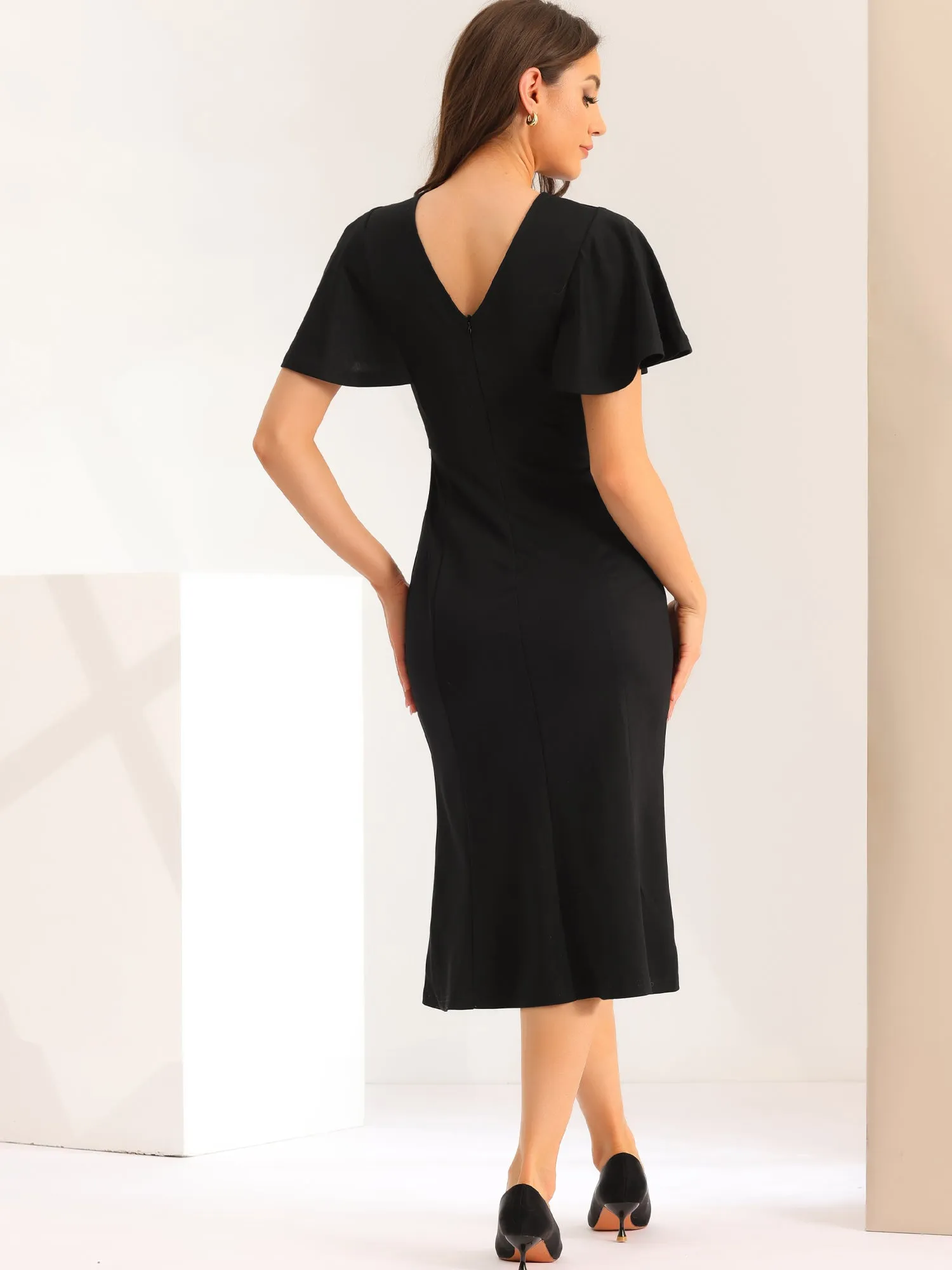 Ruffle Sleeve Round Neck Casual Cocktail Party Work Midi Sheath Dress sold by Allegra K product image thumbnail 3