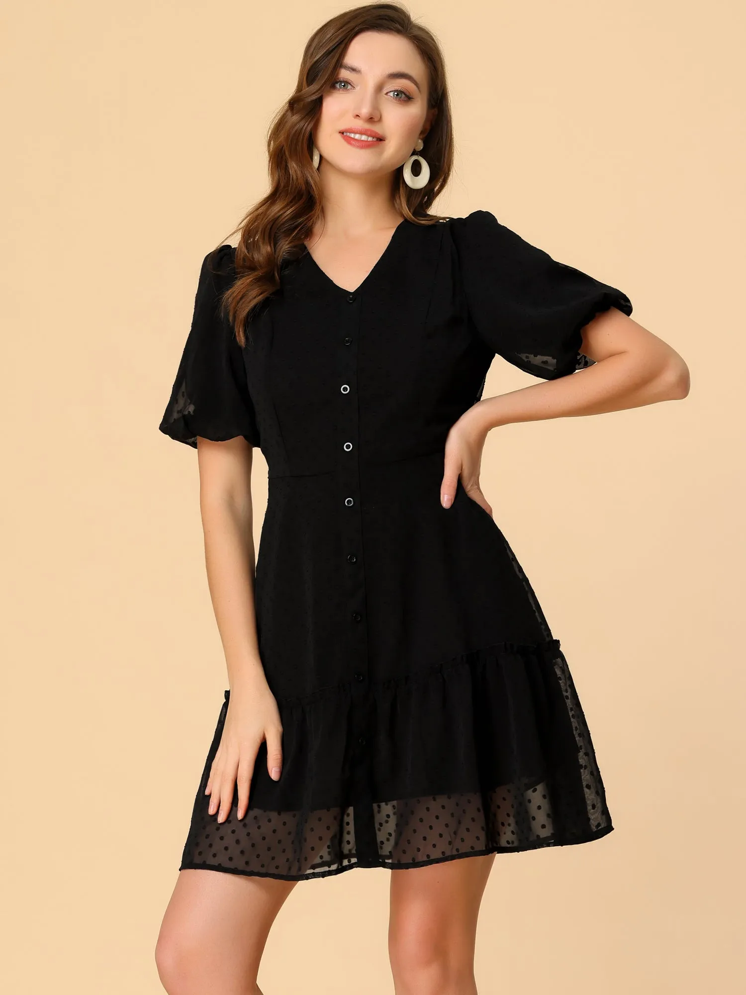 V Neck Puff Sleeve Swiss Dots Ruffle Hem Mini Casual Dress sold by Allegra K product image thumbnail 3