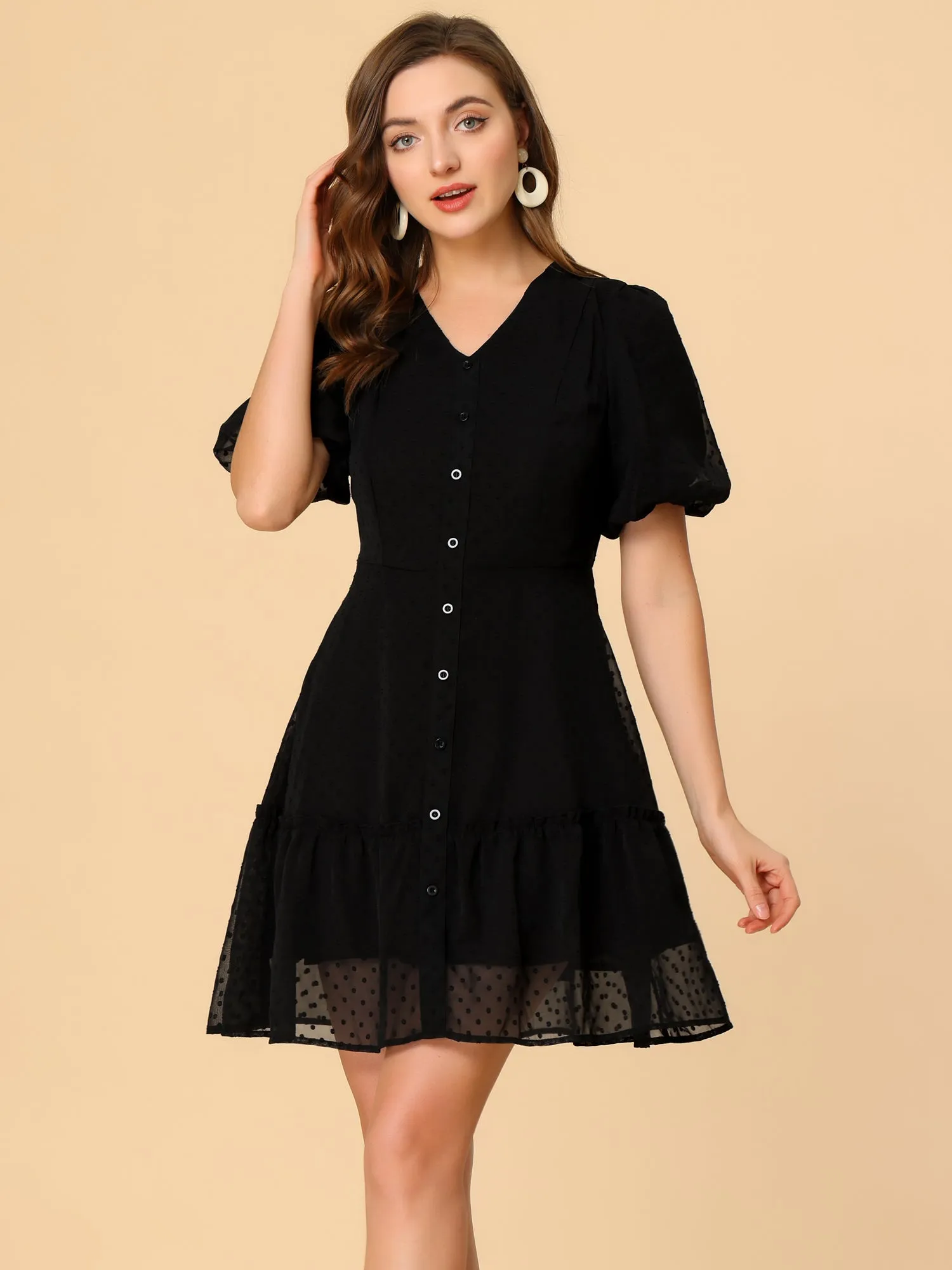 V Neck Puff Sleeve Swiss Dots Ruffle Hem Mini Casual Dress sold by Allegra K product image thumbnail 2