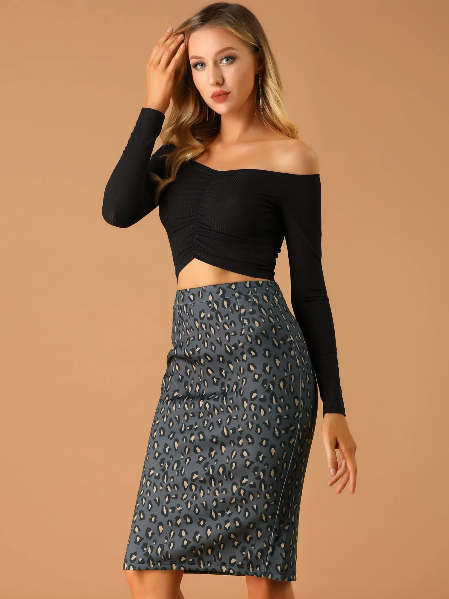 Knee Length Work High Waisted Leopard Pencil Skirt sold by Allegra K product image thumbnail 2