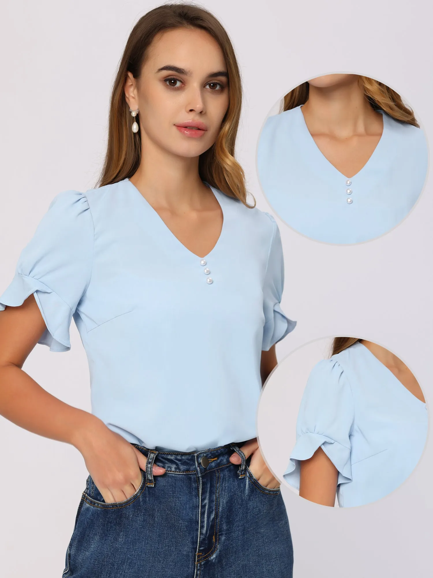 Summer Casaul Blouse Petal Sleeve Pearl Decor V Neck Chiffon Top sold by Allegra K product image thumbnail 2