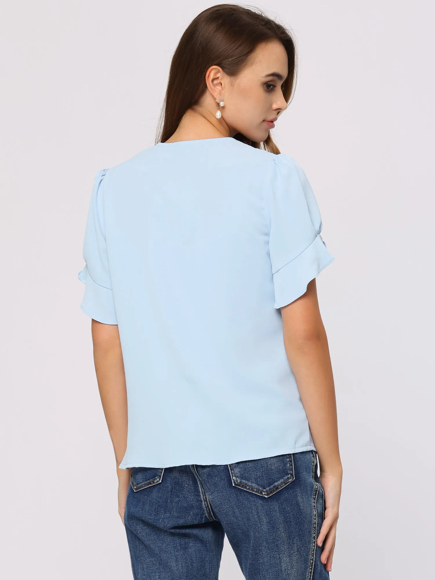 Summer Casaul Blouse Petal Sleeve Pearl Decor V Neck Chiffon Top sold by Allegra K product image thumbnail 3