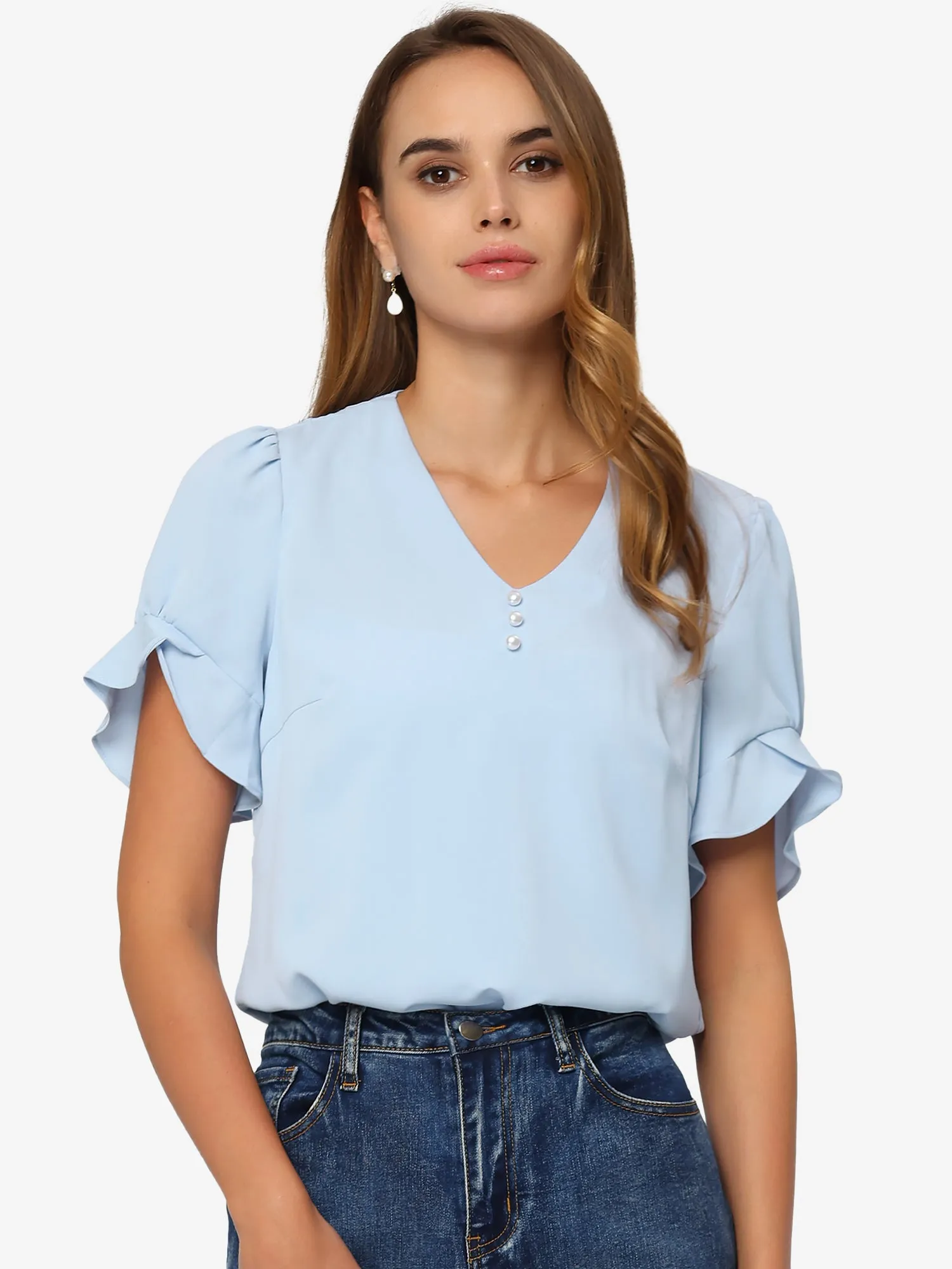 Summer Casaul Blouse Petal Sleeve Pearl Decor V Neck Chiffon Top sold by Allegra K