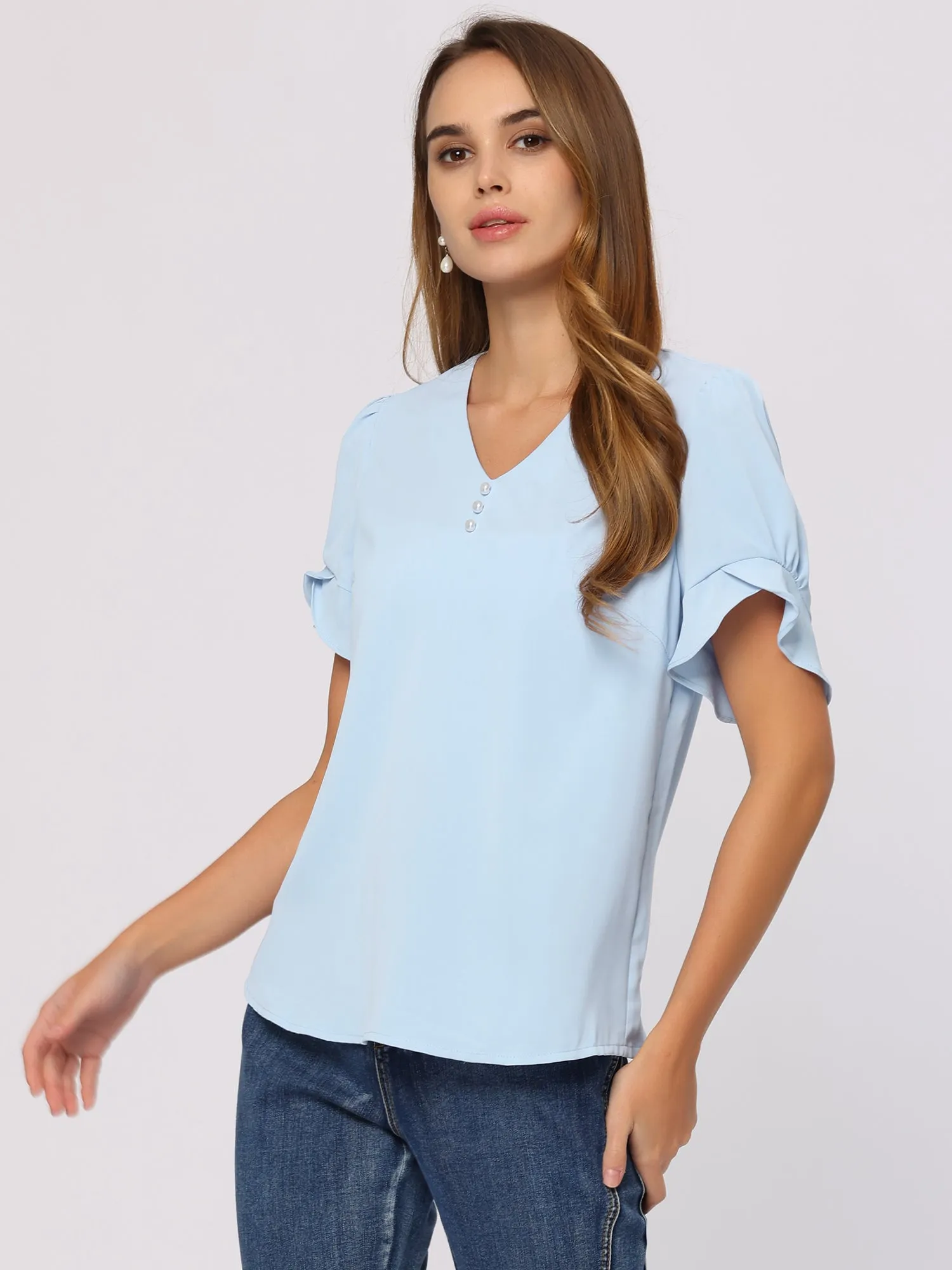 Summer Casaul Blouse Petal Sleeve Pearl Decor V Neck Chiffon Top sold by Allegra K product image thumbnail 4