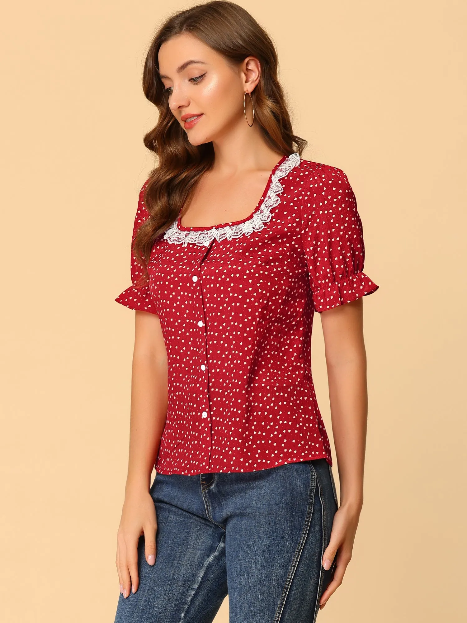 Square Neck Ruffle Short Sleeve Love Heart Printed Blouse sold by Allegra K product image thumbnail 4