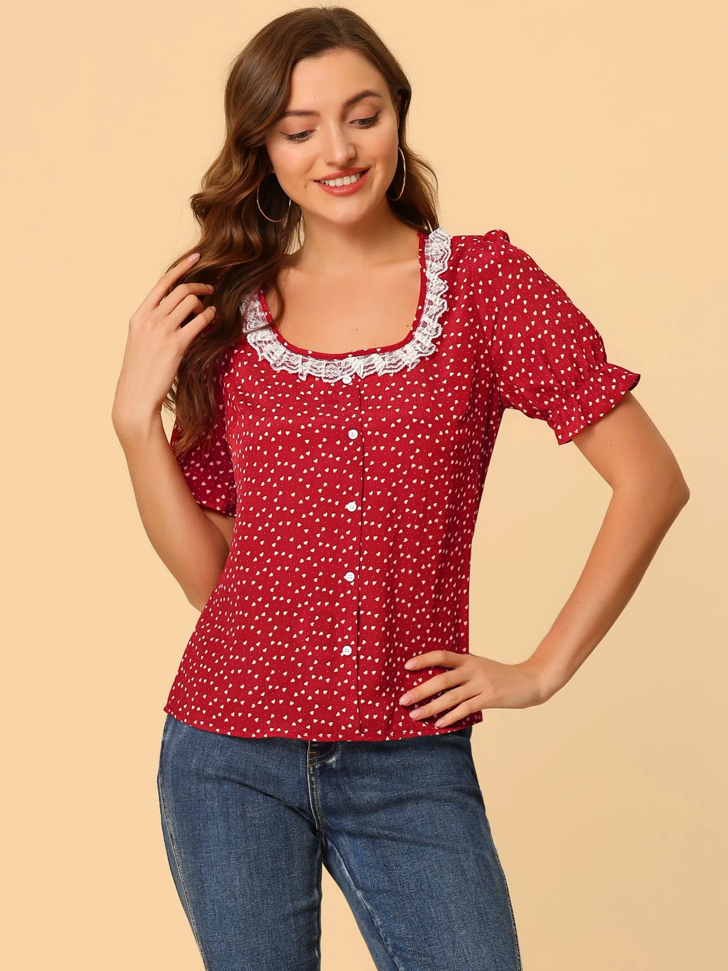 Square Neck Ruffle Short Sleeve Love Heart Printed Blouse sold by Allegra K product image thumbnail 3